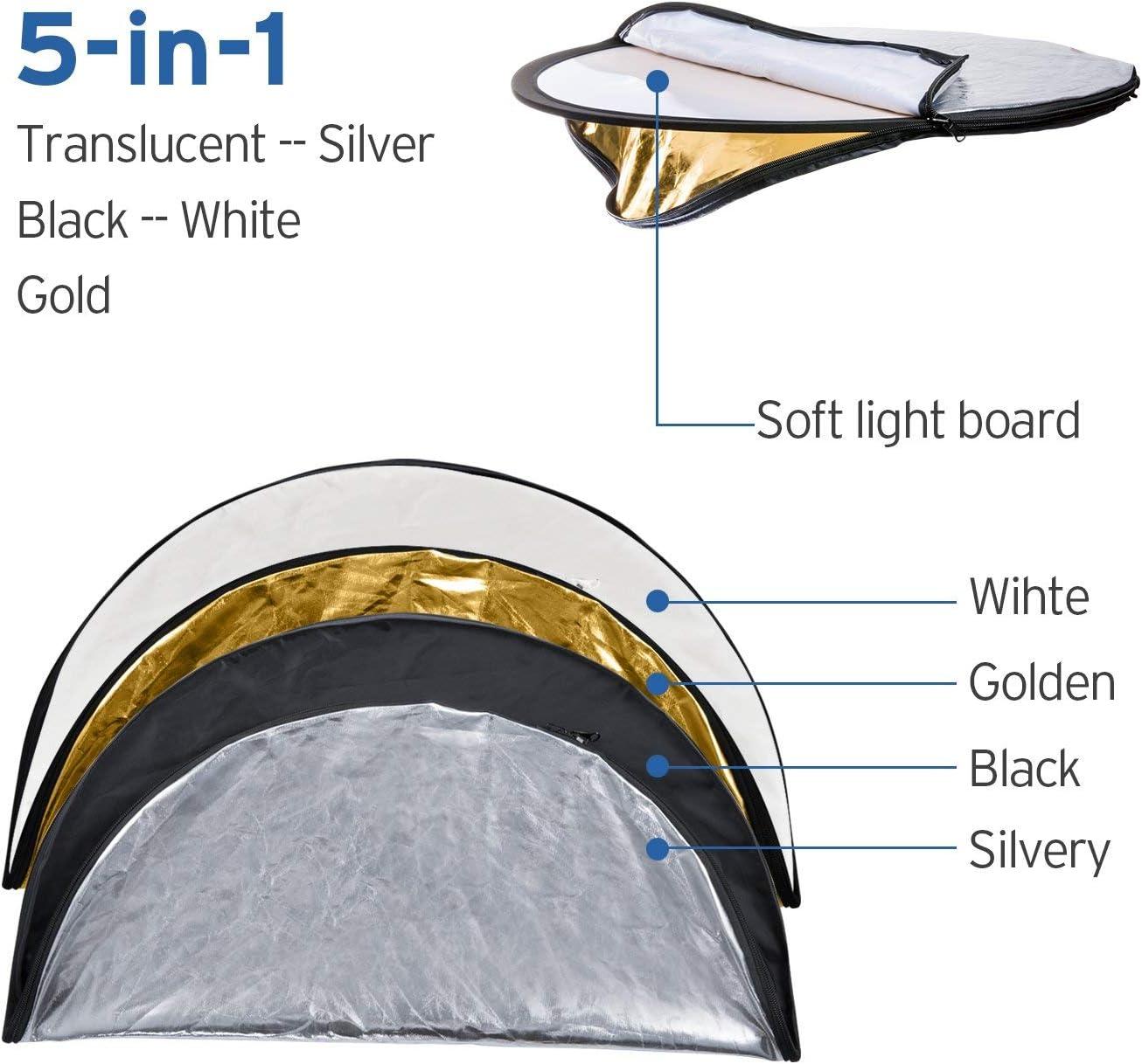 Etekcity 43″ (110cm) 5-in-1 Photography Reflector, Multi-Disc Light Reflectors for Photography, Collapsible with Bag – Translucent, Silver, Gold, White and Black(43 Inch)