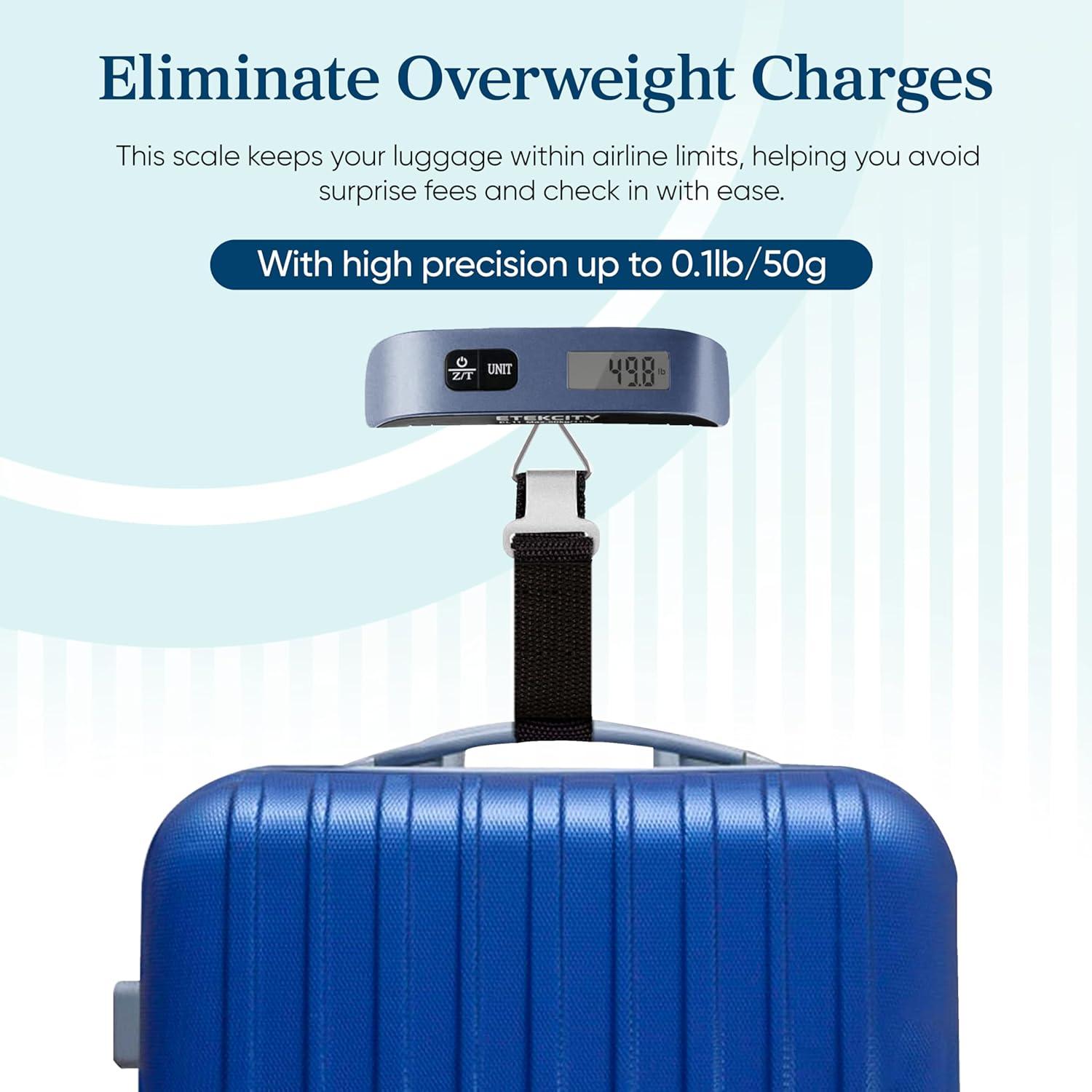 Etekcity Luggage Scale, Digital Weight Scales for Travel Accessories Essentials Suitcases , Portable Handheld Scale with Temperature Sensor, Rubber Paint, 110 Pounds, Battery Included(Bright Blue)