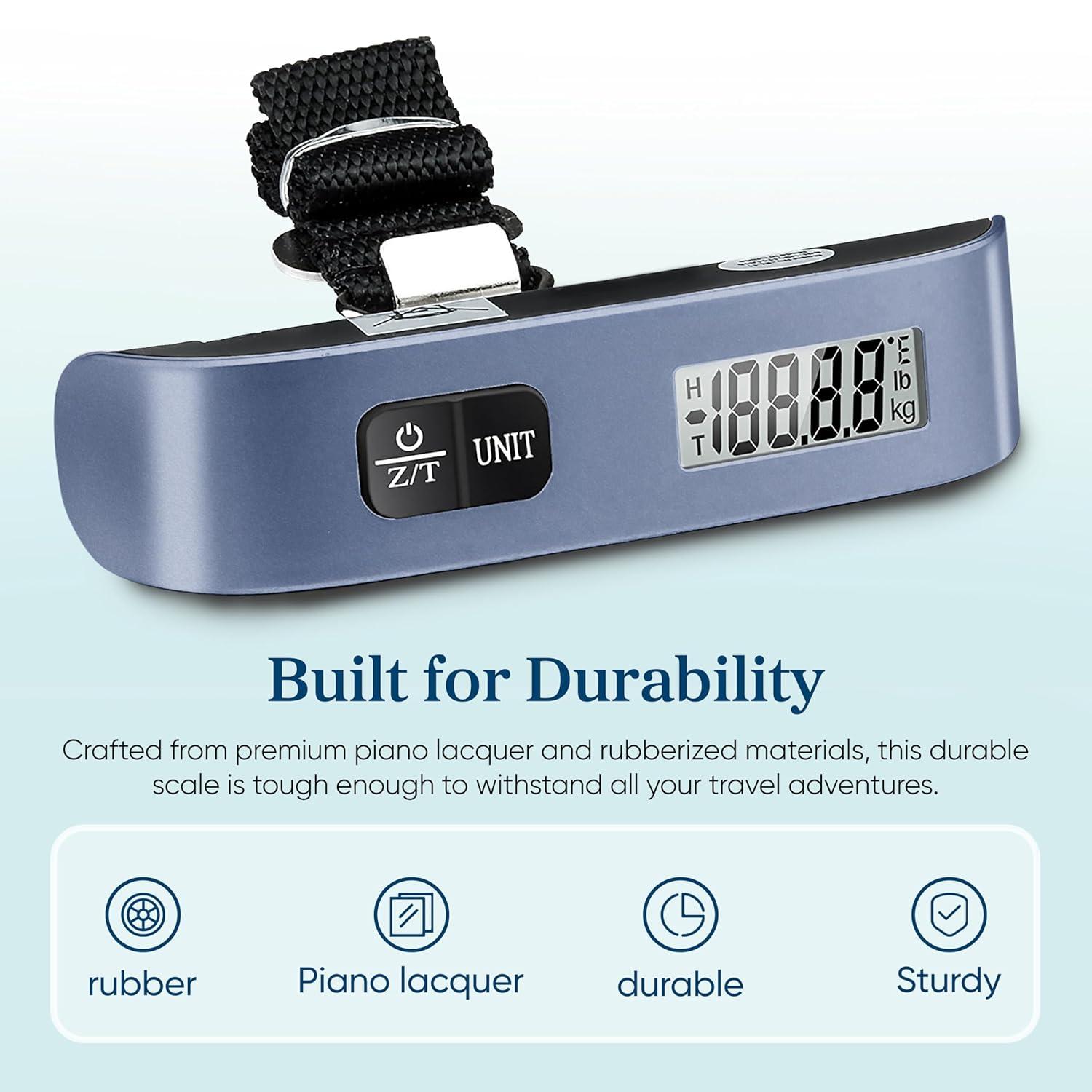Etekcity Luggage Scale, Digital Weight Scales for Travel Accessories Essentials Suitcases , Portable Handheld Scale with Temperature Sensor, Rubber Paint, 110 Pounds, Battery Included(Bright Blue)
