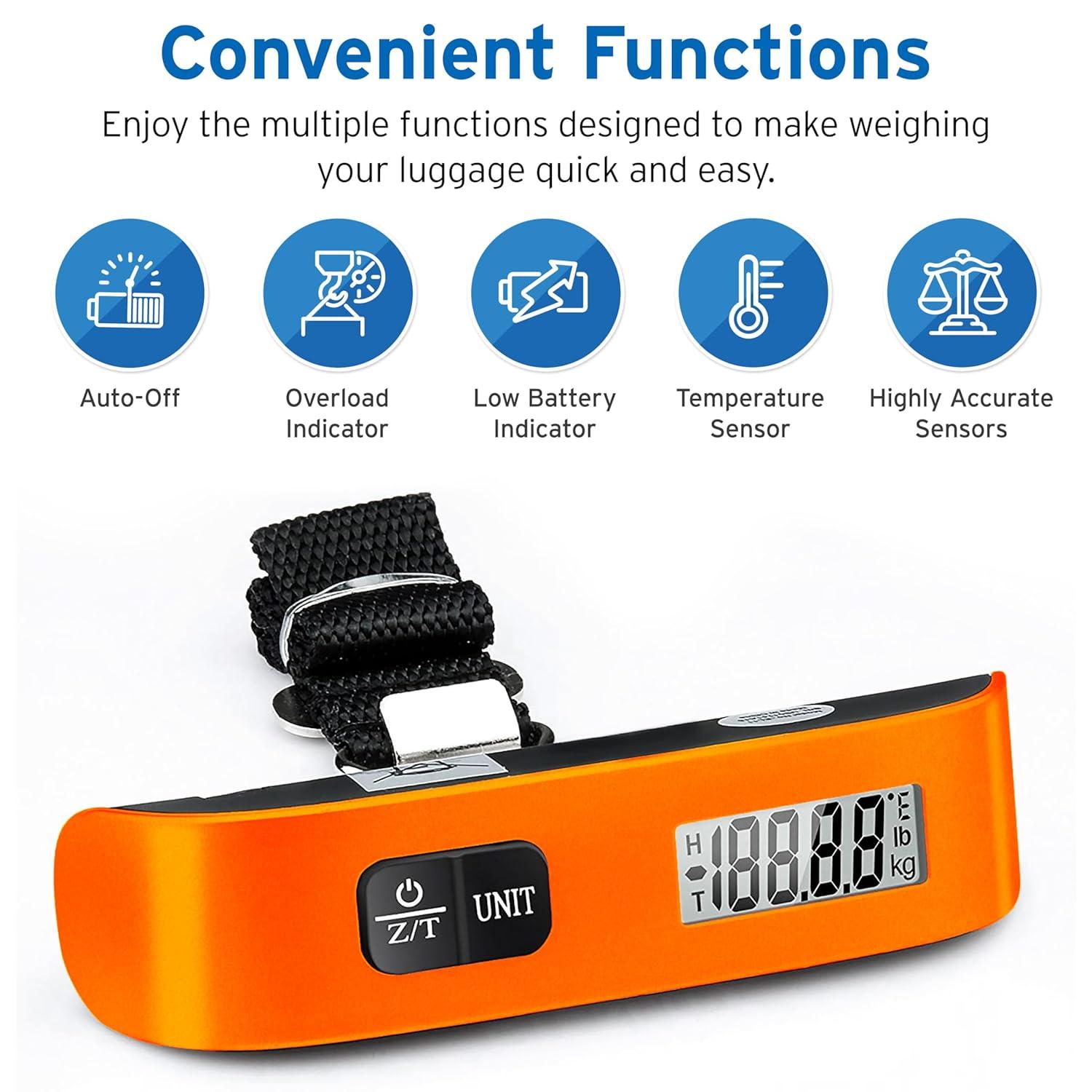 Etekcity Luggage Scale, Digital Weight Scales for Travel Accessories Essentials Suitcases , Portable Handheld Scale with Temperature Sensor, Rubber Paint, 110 Pounds, Battery Included(Orange)