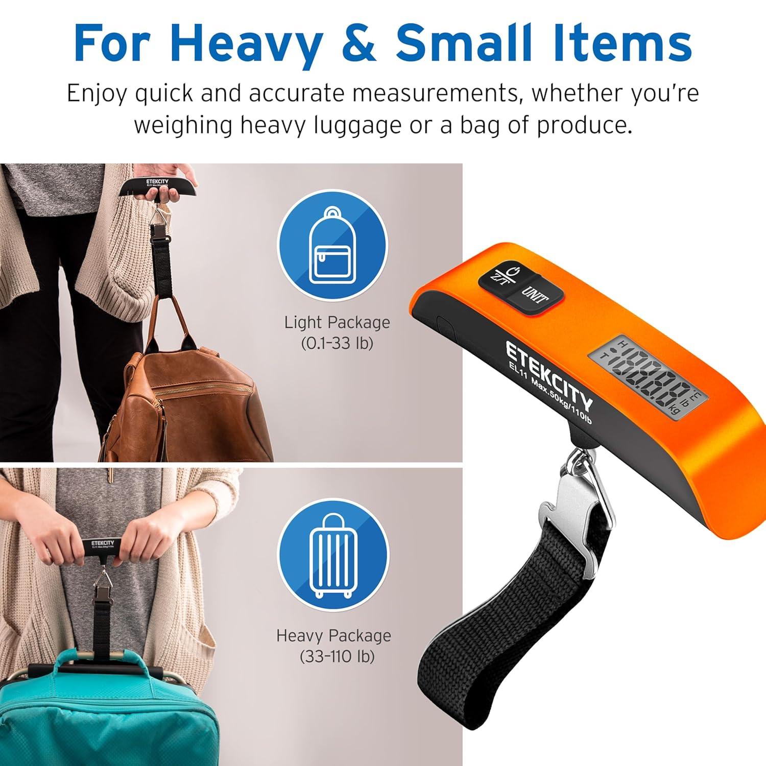 Etekcity Luggage Scale, Digital Weight Scales for Travel Accessories Essentials Suitcases , Portable Handheld Scale with Temperature Sensor, Rubber Paint, 110 Pounds, Battery Included(Orange)