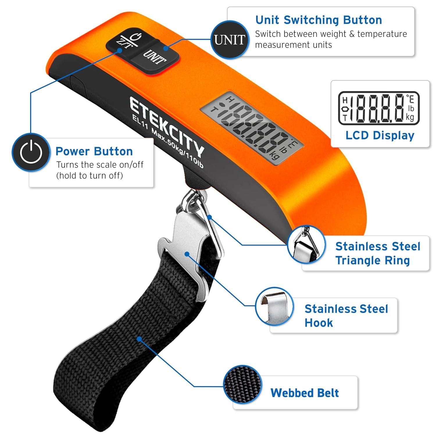 Etekcity Luggage Scale, Digital Weight Scales for Travel Accessories Essentials Suitcases , Portable Handheld Scale with Temperature Sensor, Rubber Paint, 110 Pounds, Battery Included(Orange)