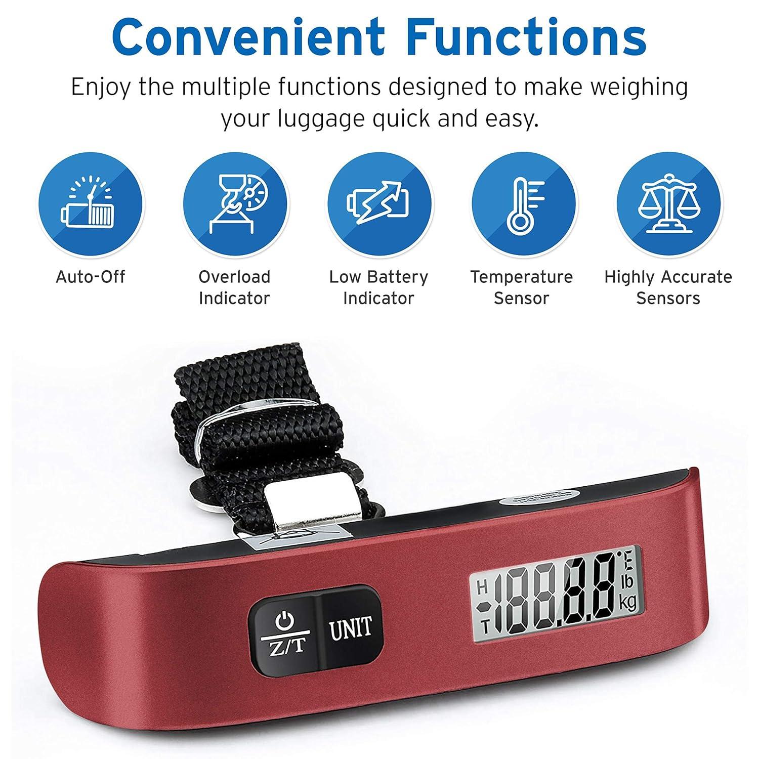 Etekcity Luggage Scale, Digital Weight Scales for Travel Accessories Essentials Suitcases , Portable Handheld Scale with Temperature Sensor, Rubber Paint, 110 Pounds, Battery Included(Claret Red)