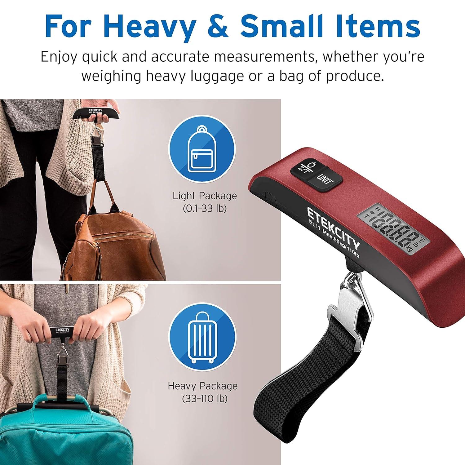 Etekcity Luggage Scale, Digital Weight Scales for Travel Accessories Essentials Suitcases , Portable Handheld Scale with Temperature Sensor, Rubber Paint, 110 Pounds, Battery Included(Claret Red)