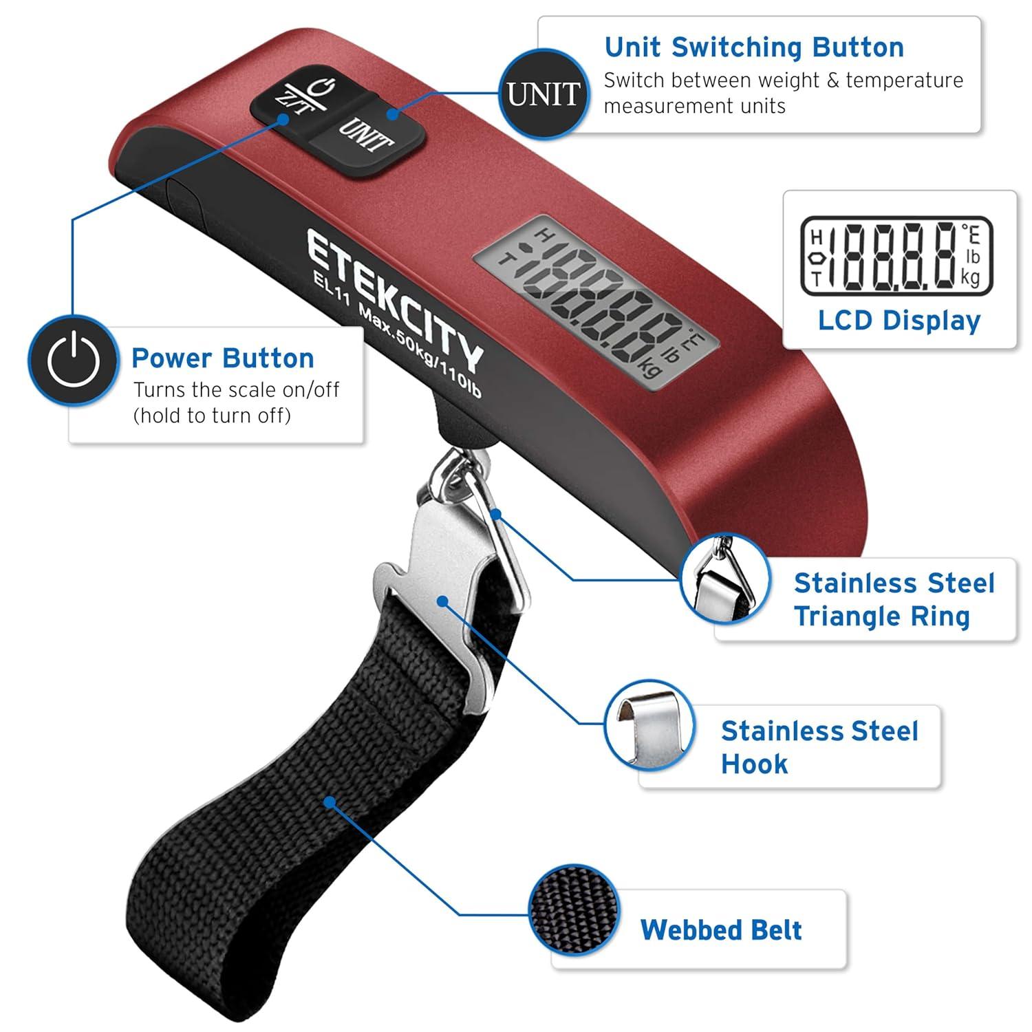 Etekcity Luggage Scale, Digital Weight Scales for Travel Accessories Essentials Suitcases , Portable Handheld Scale with Temperature Sensor, Rubber Paint, 110 Pounds, Battery Included(Claret Red)