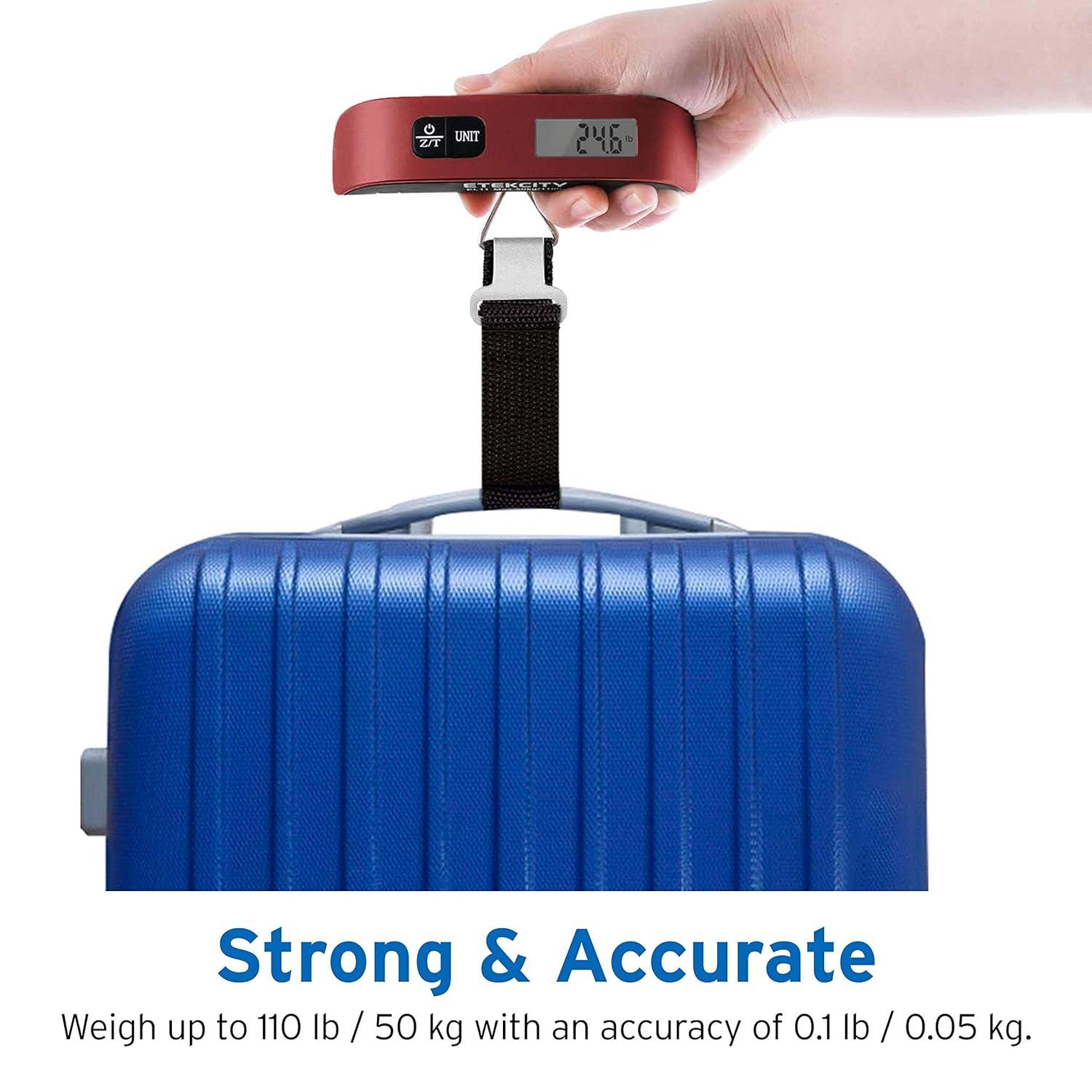 Etekcity Luggage Scale, Digital Weight Scales for Travel Accessories Essentials Suitcases , Portable Handheld Scale with Temperature Sensor, Rubber Paint, 110 Pounds, Battery Included(Claret Red)