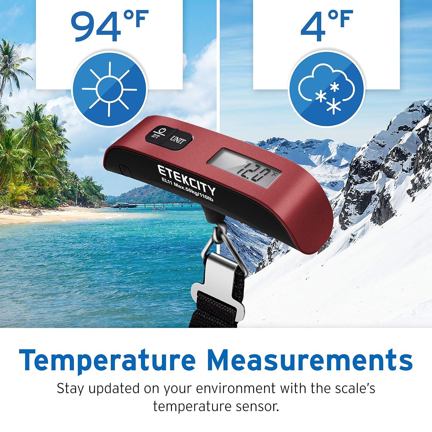 Etekcity Luggage Scale, Digital Weight Scales for Travel Accessories Essentials Suitcases , Portable Handheld Scale with Temperature Sensor, Rubber Paint, 110 Pounds, Battery Included(Claret Red)