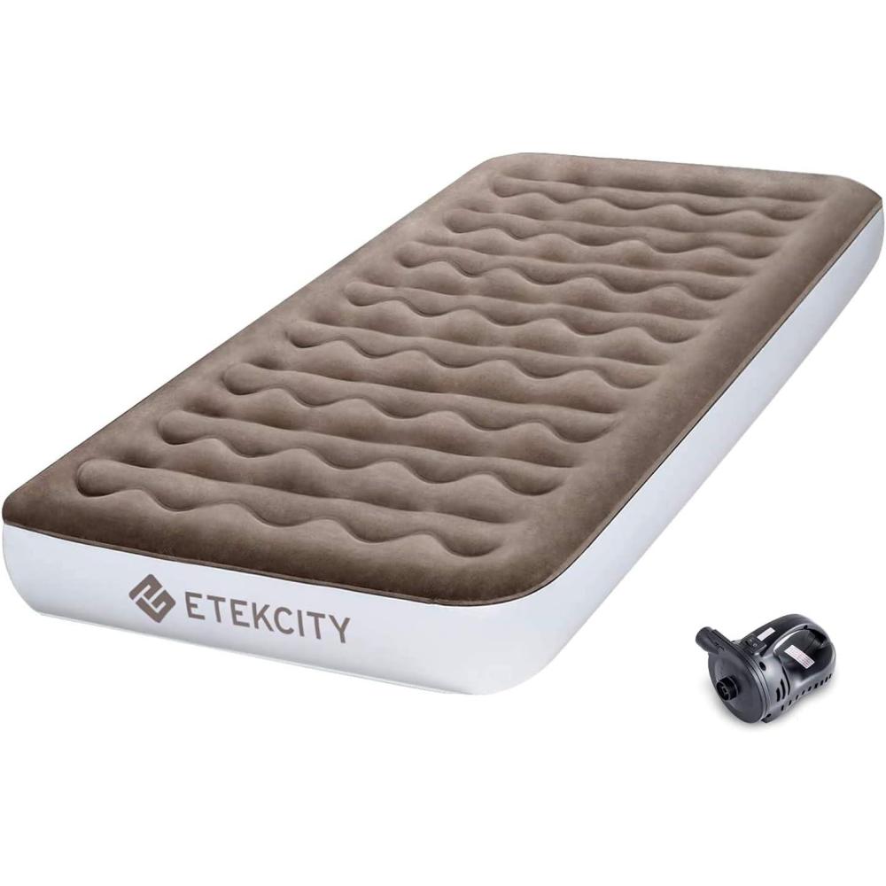 Etekcity Air Mattress Upgraded Twin Size Camping Air Bed Blow Up Bed Inflatable Mattress Raised Airbed with Rechargeable Pump for Guest, Camping, Hiking, Height 9″, Storage Bag, Brown(Twin)
