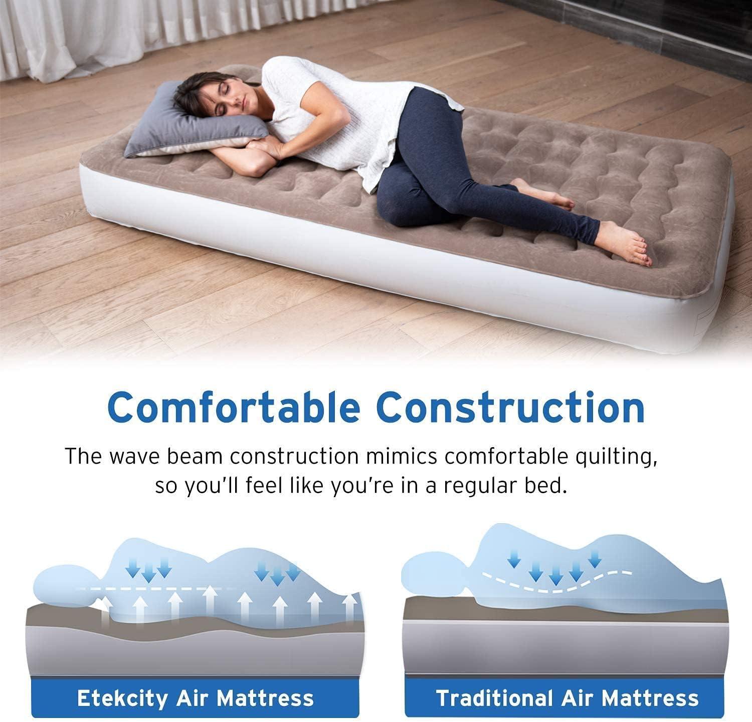 Etekcity Air Mattress Upgraded Twin Size Camping Air Bed Blow Up Bed Inflatable Mattress Raised Airbed with Rechargeable Pump for Guest, Camping, Hiking, Height 9″, Storage Bag, Brown(Twin)