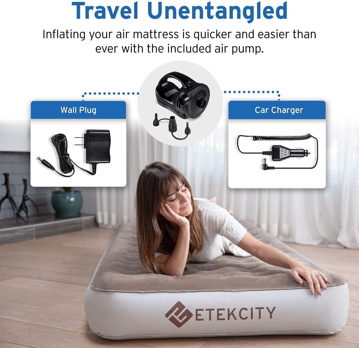 Etekcity Air Mattress Upgraded Twin Size Camping Air Bed Blow Up Bed Inflatable Mattress Raised Airbed with Rechargeable Pump for Guest, Camping, Hiking, Height 9″, Storage Bag, Brown(Twin)
