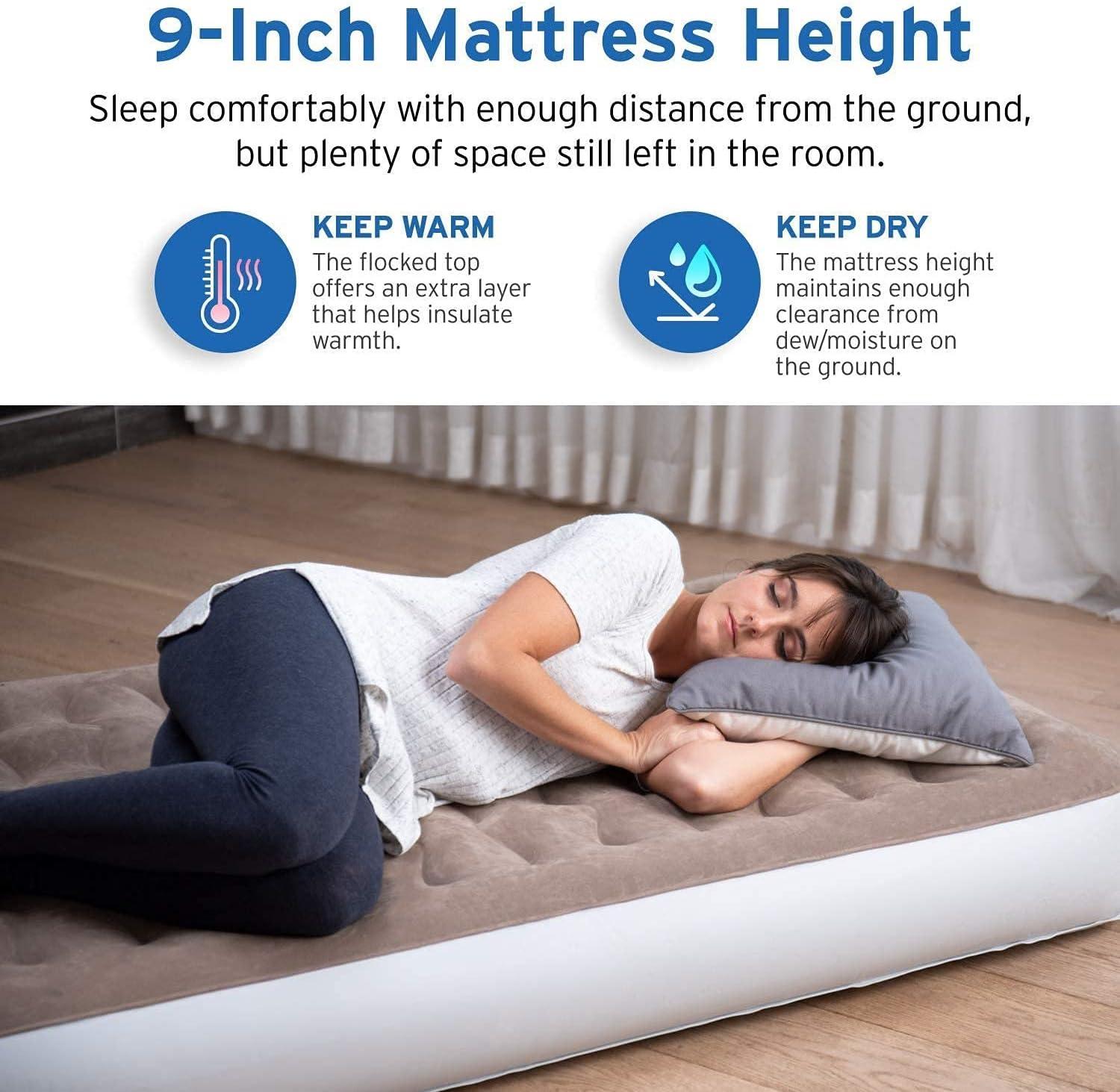 Etekcity Air Mattress Upgraded Twin Size Camping Air Bed Blow Up Bed Inflatable Mattress Raised Airbed with Rechargeable Pump for Guest, Camping, Hiking, Height 9″, Storage Bag, Brown(Twin)