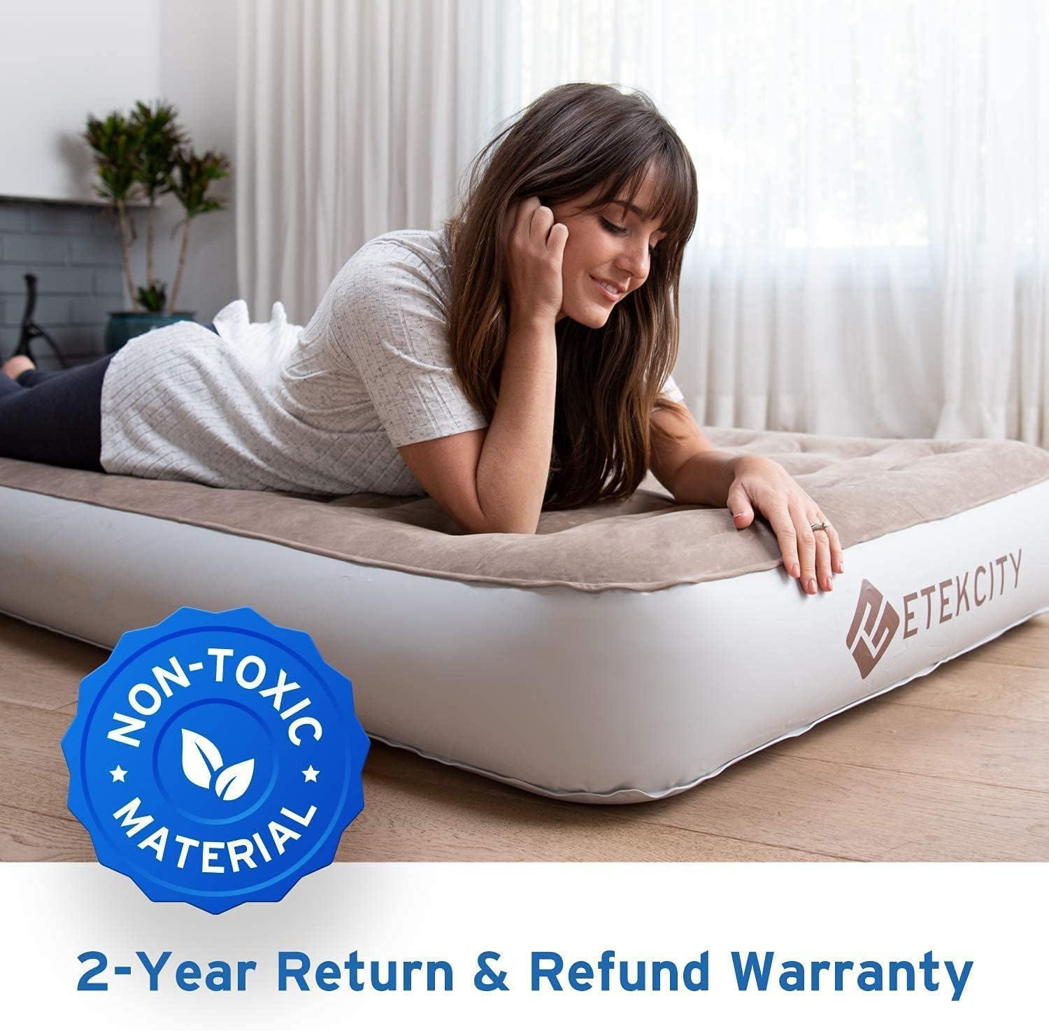 Etekcity Air Mattress Upgraded Twin Size Camping Air Bed Blow Up Bed Inflatable Mattress Raised Airbed with Rechargeable Pump for Guest, Camping, Hiking, Height 9″, Storage Bag, Brown(Twin)