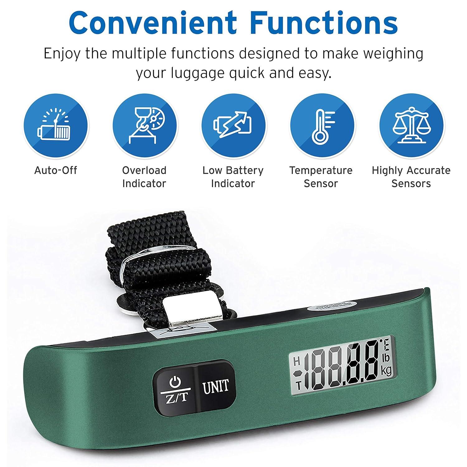Etekcity Luggage Scale, Digital Weight Scales for Travel Accessories Essentials Suitcases , Portable Handheld Scale with Temperature Sensor, Rubber Paint, 110 Pounds, Battery Included(Green)