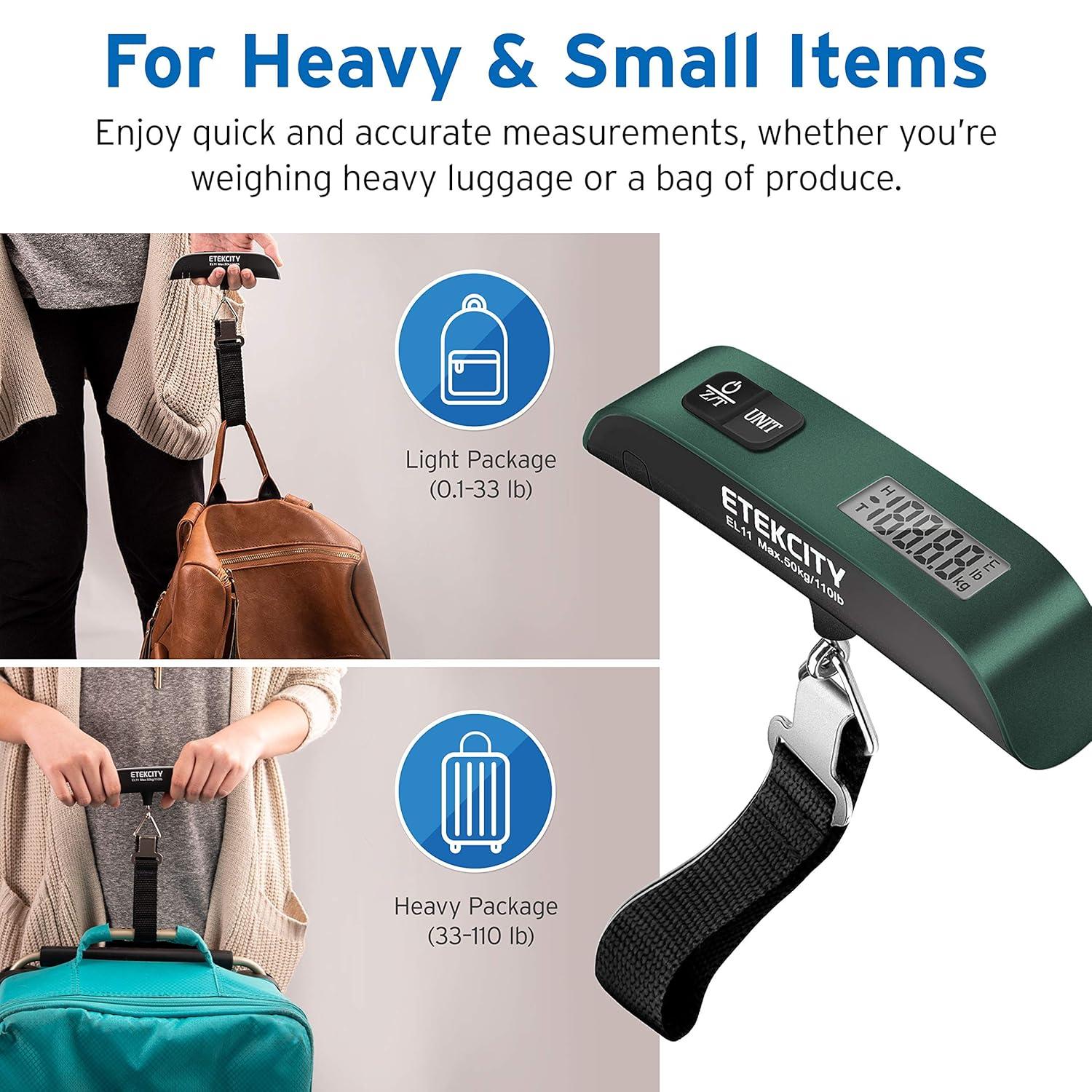 Etekcity Luggage Scale, Digital Weight Scales for Travel Accessories Essentials Suitcases , Portable Handheld Scale with Temperature Sensor, Rubber Paint, 110 Pounds, Battery Included(Green)
