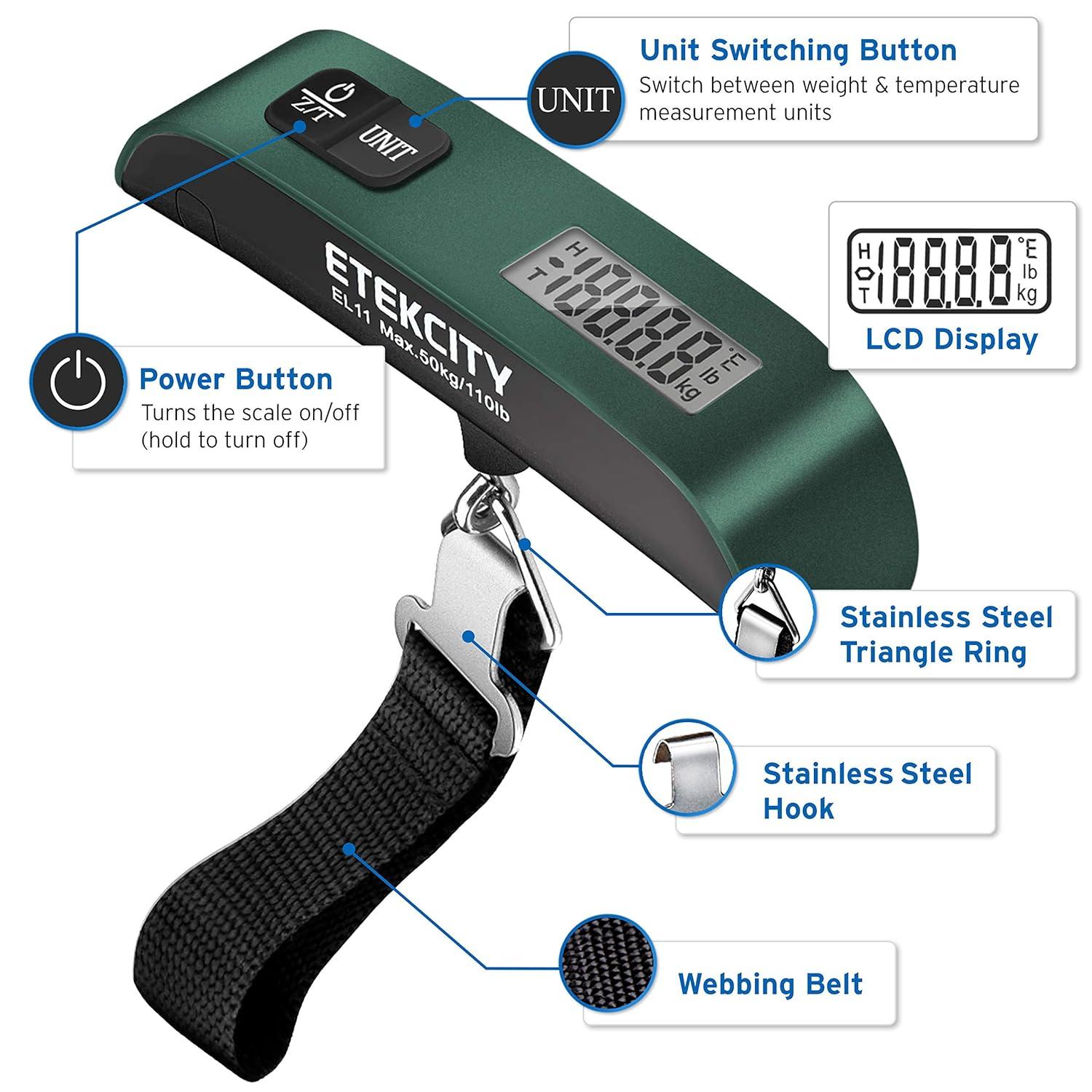 Etekcity Luggage Scale, Digital Weight Scales for Travel Accessories Essentials Suitcases , Portable Handheld Scale with Temperature Sensor, Rubber Paint, 110 Pounds, Battery Included(Green)