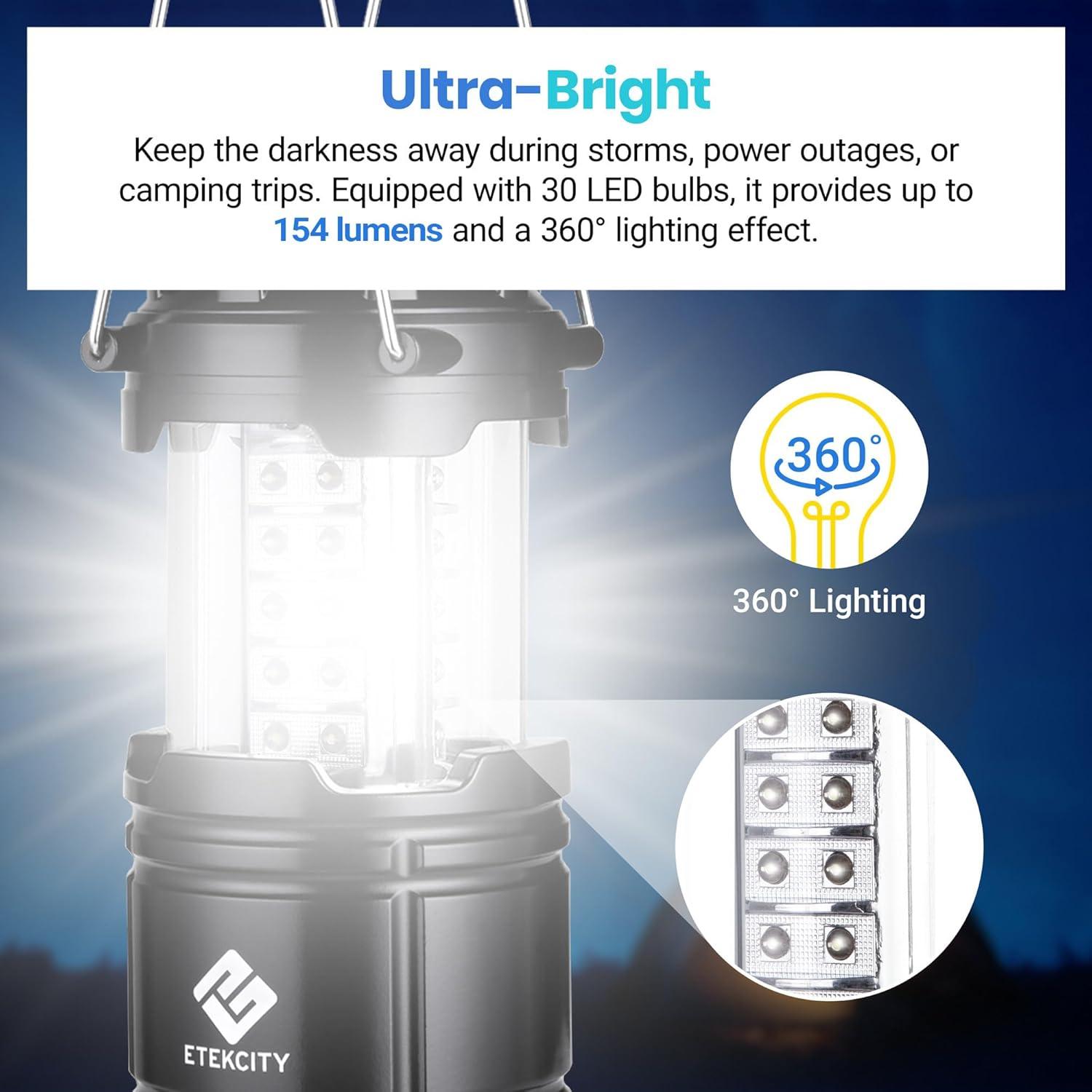 Etekcity Camping Lanterns for Power Outages 4 Pack, Flashlight for Camping Essentials, Survival Kit and Gear, Hurricane Preparedness Items, Emergency Led Battery Operated Lights, Black(2 Pack)
