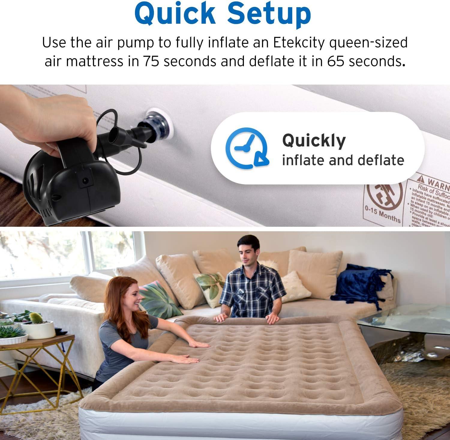 Etekcity Electric Air Pump Rechargeable Portable Air Mattress Pump Cordless Quick-Fill Inflator Deflator for Pool Inflatables Raft Bed Boat Pool Toy Floats with 3 Nozzles/(Black)