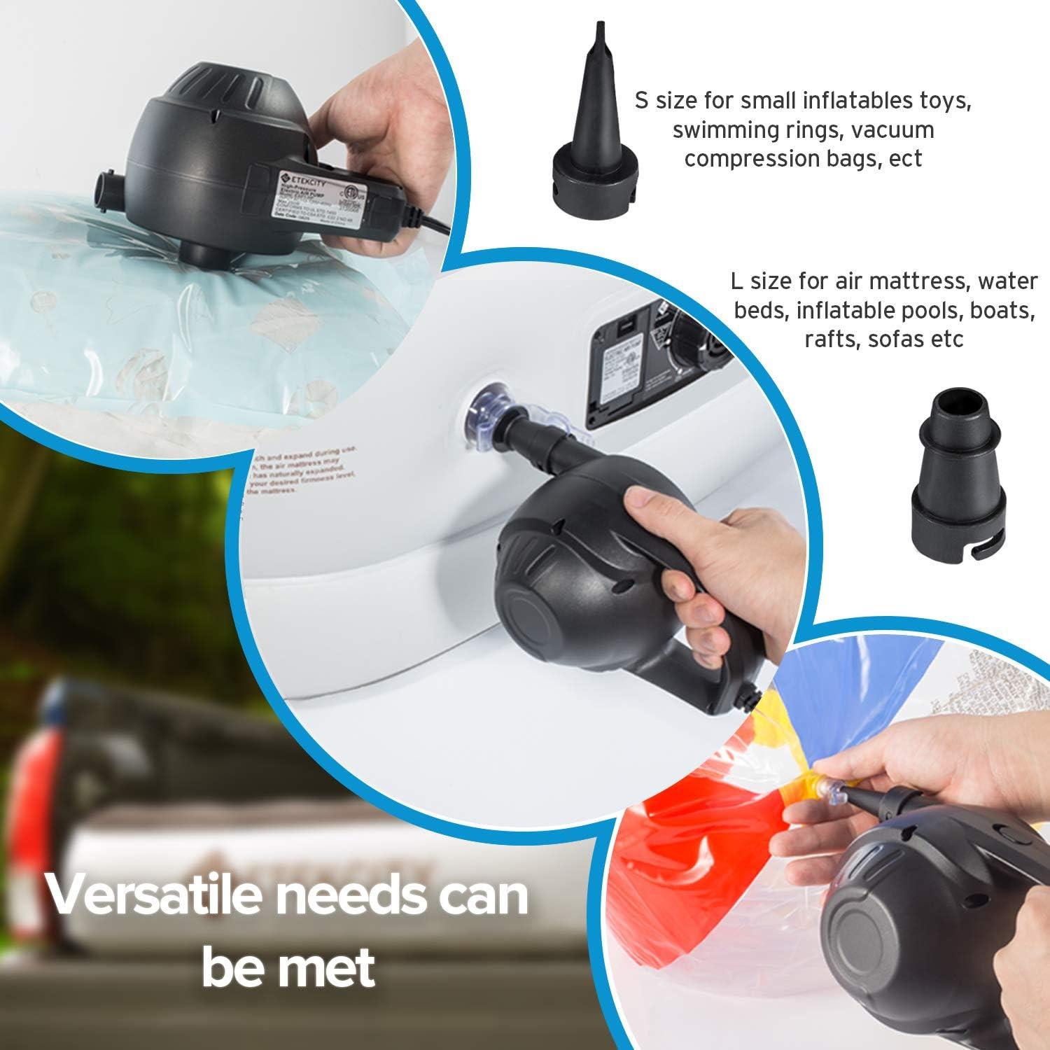 Etekcity Air Pump for Inflatables, Portable Electric Air Mattress Pump, Quick-Fill Perfect Inflator/Deflator for Couch, Blow up Pool Floats Raft Bed Boat Toy with Nozzles, 110-120V, Black(Dark Black)