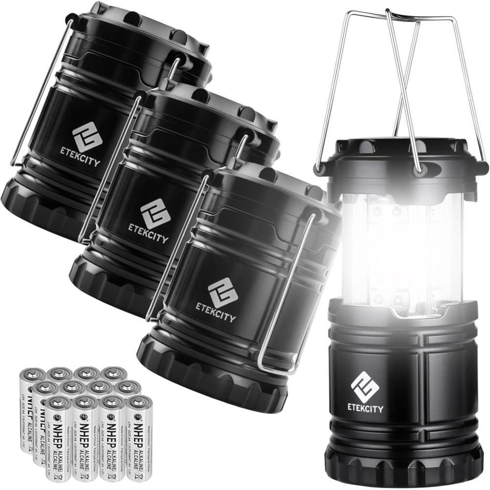 Etekcity Camping Lanterns for Power Outages 4 Pack, Flashlight for Camping Essentials, Survival Kit and Gear, Hurricane Preparedness Items, Emergency Led Battery Operated Lights, Black(4 Pack)