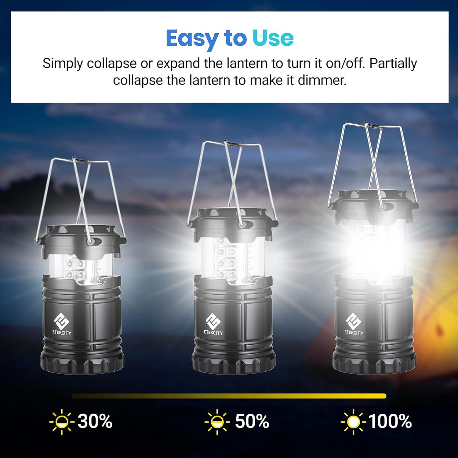 Etekcity Camping Lanterns for Power Outages 4 Pack, Flashlight for Camping Essentials, Survival Kit and Gear, Hurricane Preparedness Items, Emergency Led Battery Operated Lights, Black(4 Pack)