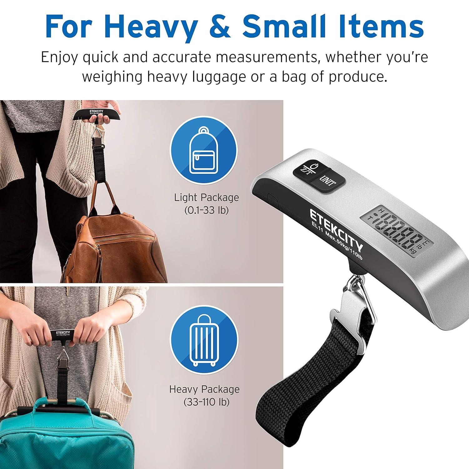 Etekcity Luggage Scale, Digital Weight Scales for Travel Accessories Essentials Suitcases , Portable Handheld Scale with Temperature Sensor, Rubber Paint, 110 Pounds, Battery Included(Ash Silver)