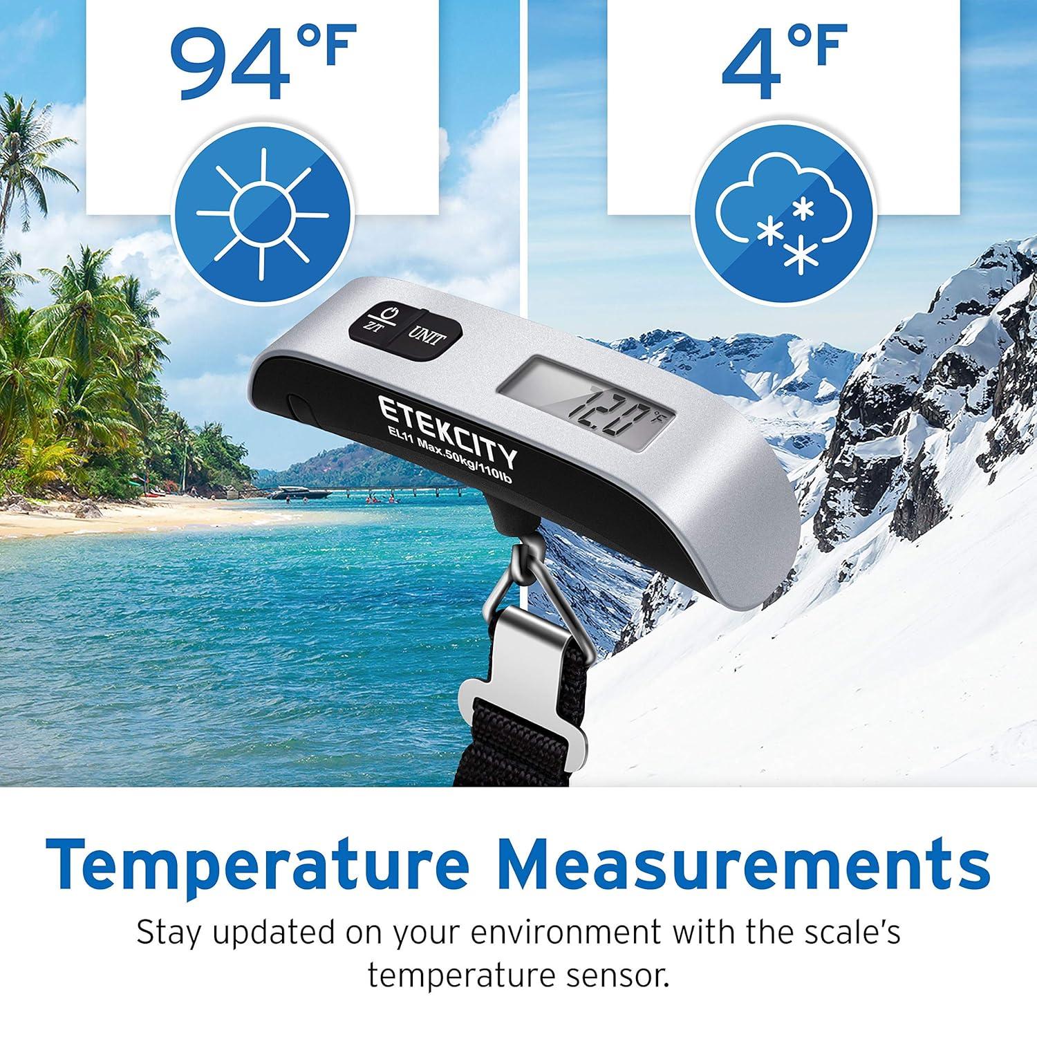 Etekcity Luggage Scale, Digital Weight Scales for Travel Accessories Essentials Suitcases , Portable Handheld Scale with Temperature Sensor, Rubber Paint, 110 Pounds, Battery Included(Ash Silver)