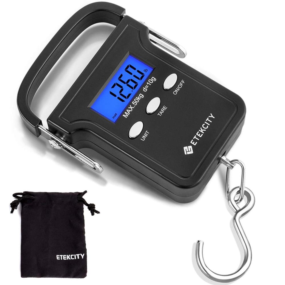 Etekcity Luggage Scale, Digital Weight Scales for Travel Accessories Essentials Suitcases , Portable Handheld Scale with Temperature Sensor, Rubber Paint, 110 Pounds, Battery Included(Dark Black)