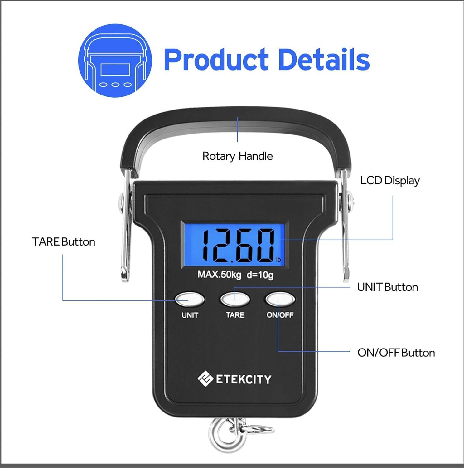 Etekcity Luggage Scale, Digital Weight Scales for Travel Accessories Essentials Suitcases , Portable Handheld Scale with Temperature Sensor, Rubber Paint, 110 Pounds, Battery Included(Dark Black)