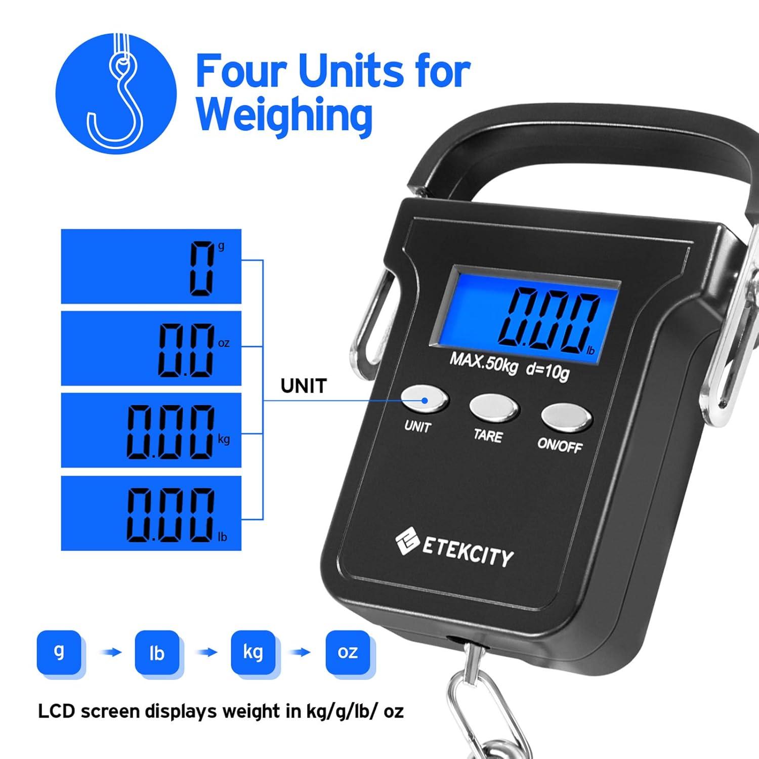 Etekcity Luggage Scale, Digital Weight Scales for Travel Accessories Essentials Suitcases , Portable Handheld Scale with Temperature Sensor, Rubber Paint, 110 Pounds, Battery Included(Dark Black)