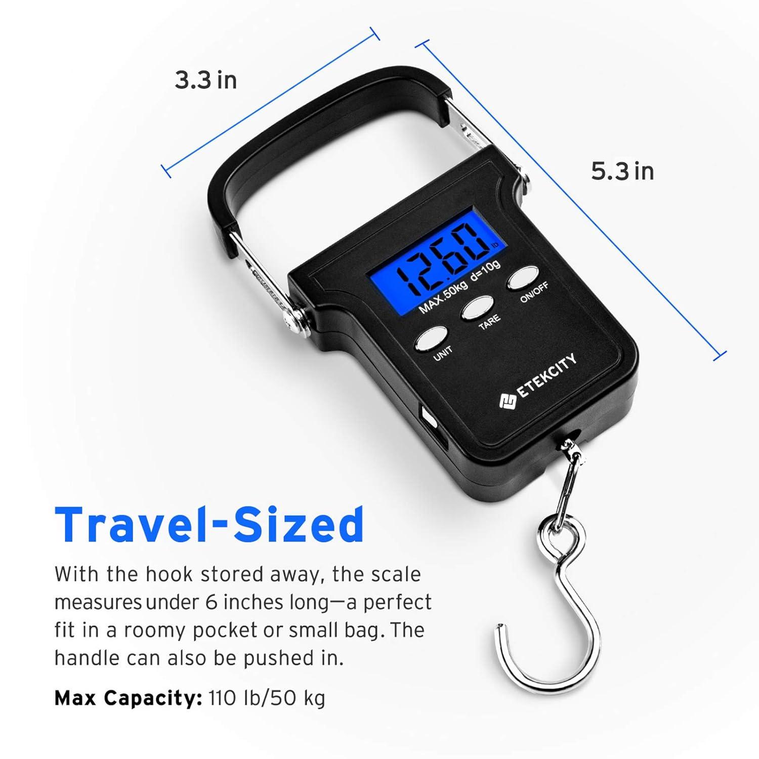 Etekcity Luggage Scale, Digital Weight Scales for Travel Accessories Essentials Suitcases , Portable Handheld Scale with Temperature Sensor, Rubber Paint, 110 Pounds, Battery Included(Dark Black)