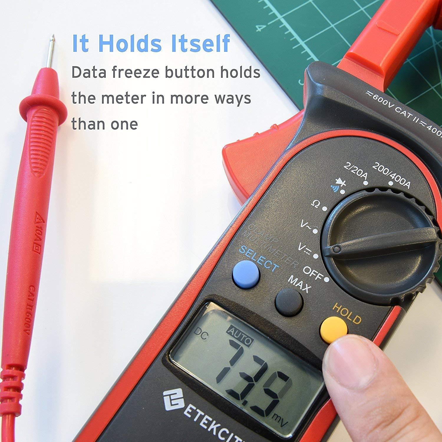 Etekcity Digital Clamp Meter Multimeter AC Current and AC/DC Voltage Tester with Amp, Volt, Ohm, Continuity, Diode and Resistance Test, Auto-Ranging, Red, MSR-C600