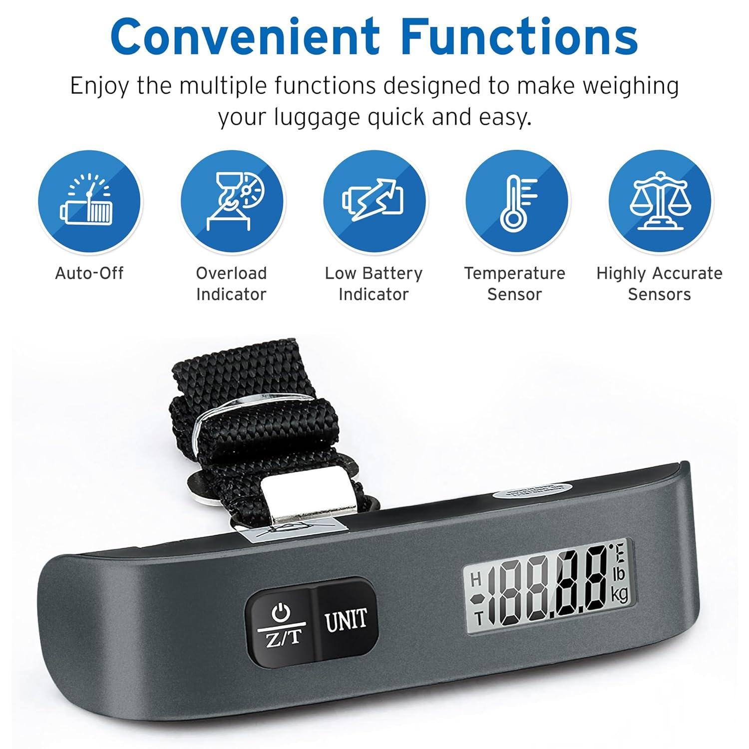 Etekcity Luggage Scale, Digital Weight Scales for Travel Accessories Essentials Suitcases , Portable Handheld Scale with Temperature Sensor, Rubber Paint, 110 Pounds, Battery Included(Charcoal Gray)