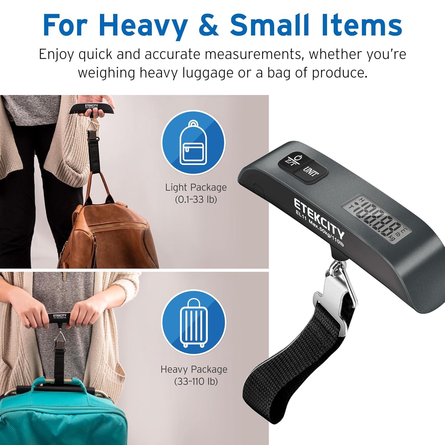 Etekcity Luggage Scale, Digital Weight Scales for Travel Accessories Essentials Suitcases , Portable Handheld Scale with Temperature Sensor, Rubber Paint, 110 Pounds, Battery Included(Charcoal Gray)