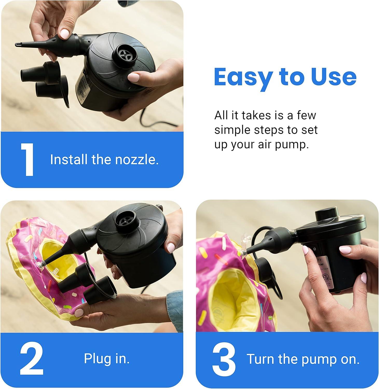 Etekcity Air Pump for Inflatables, Portable Electric Air Mattress Pump, Quick-Fill Perfect Inflator/Deflator for Couch, Blow up Pool Floats Raft Bed Boat Toy with Nozzles, 110-120V, Black(Black)
