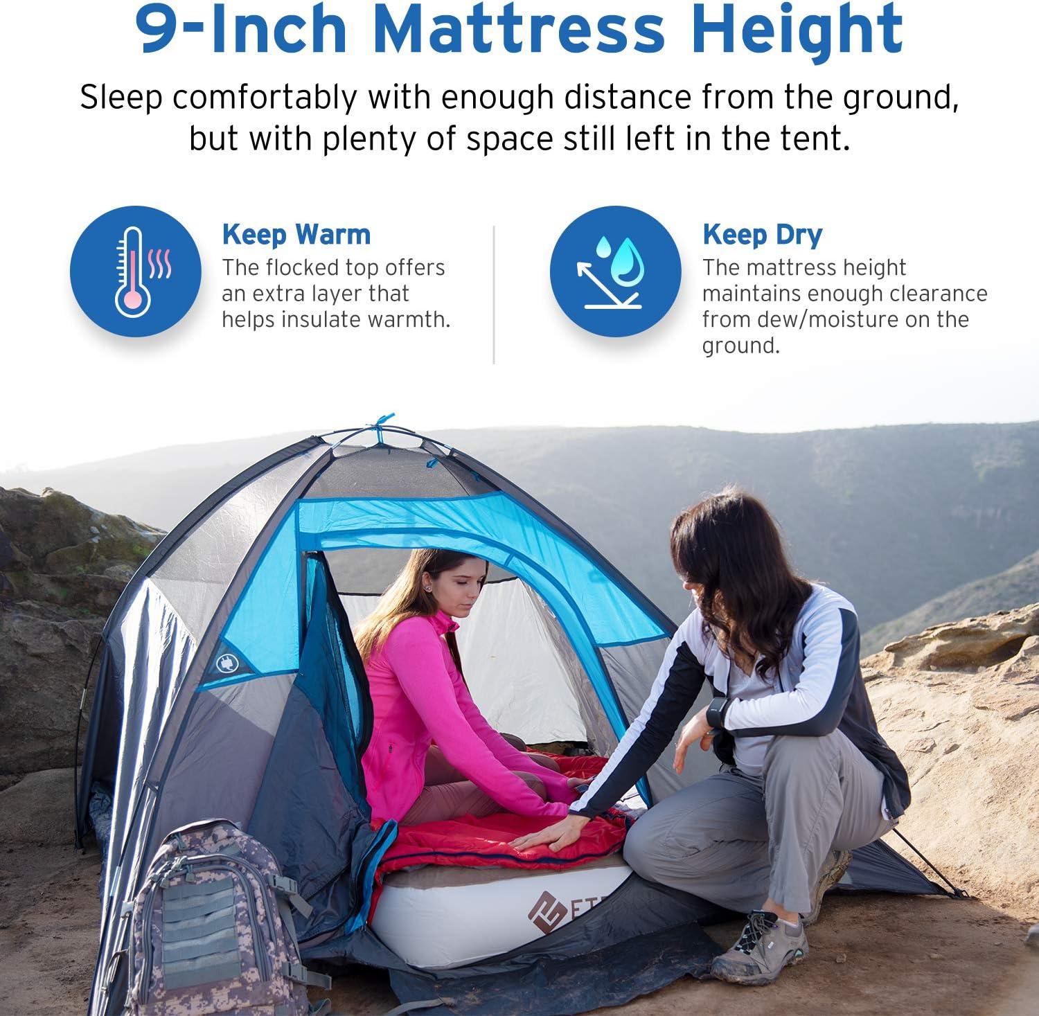 Etekcity Air Mattress Upgraded Twin Size Camping Air Bed Blow Up Bed Inflatable Mattress Raised Airbed with Rechargeable Pump for Guest, Camping, Hiking, Height 9″, Storage Bag, Brown(Queen)