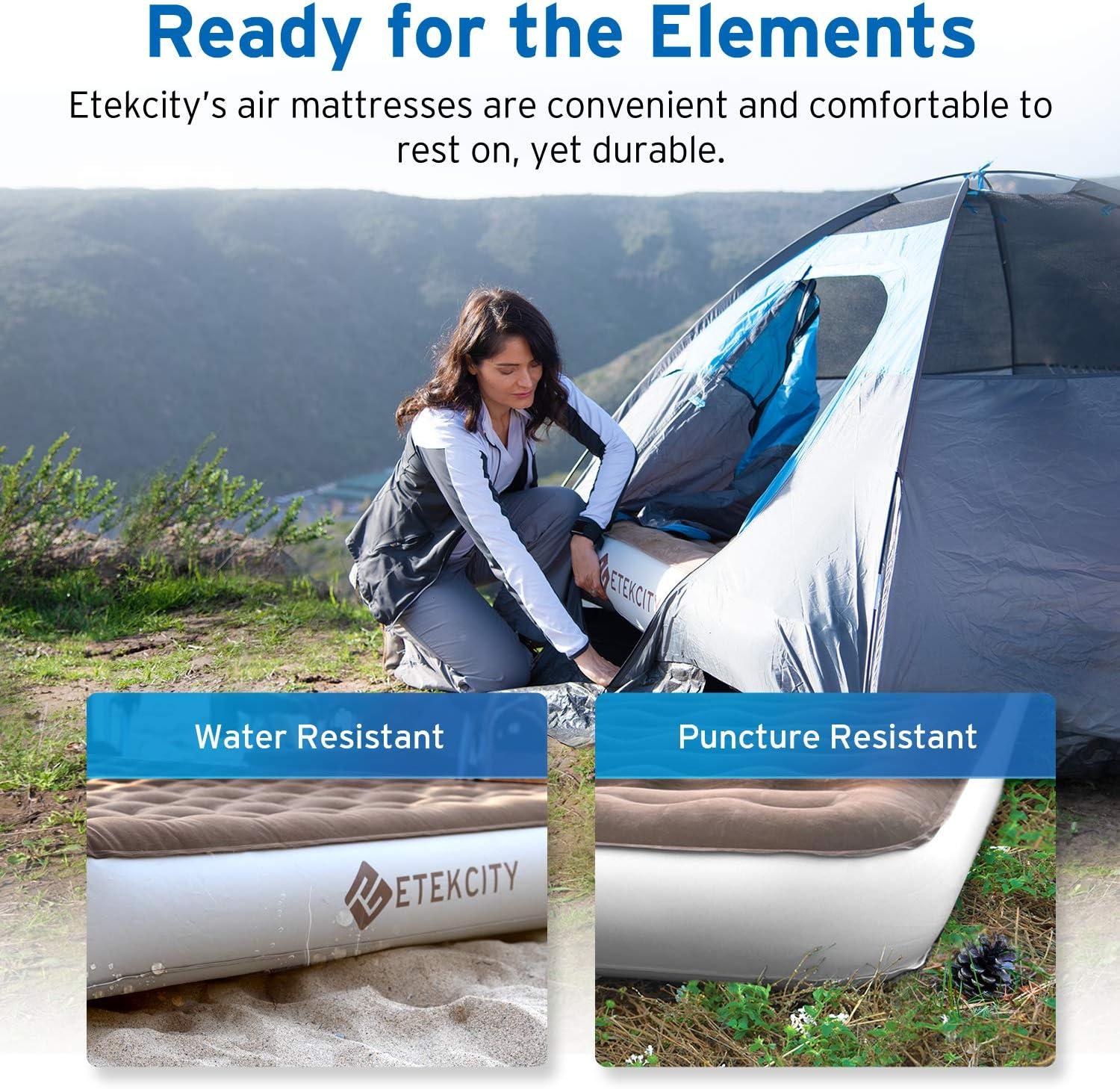 Etekcity Air Mattress Upgraded Twin Size Camping Air Bed Blow Up Bed Inflatable Mattress Raised Airbed with Rechargeable Pump for Guest, Camping, Hiking, Height 9″, Storage Bag, Brown(Queen)