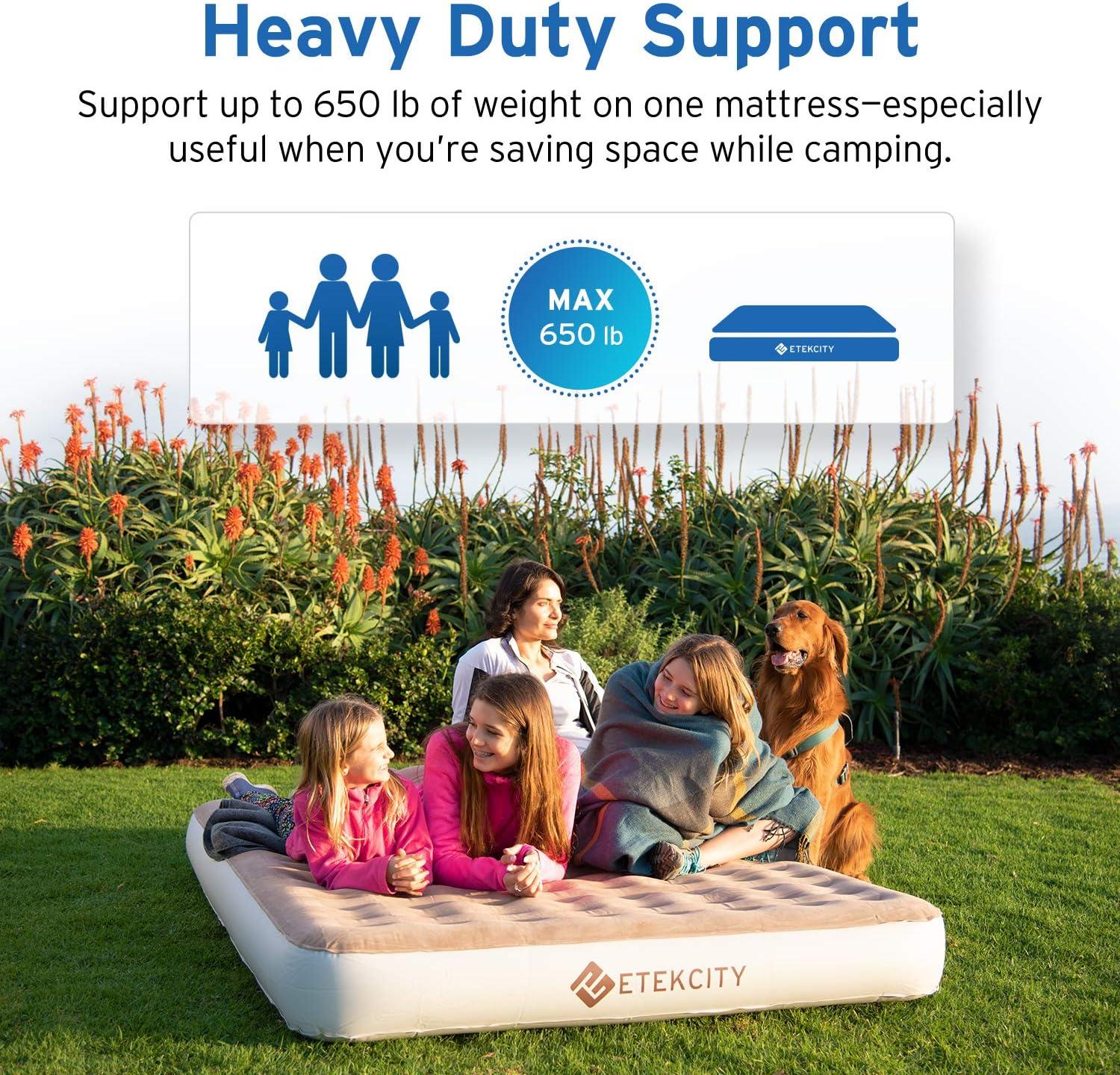 Etekcity Air Mattress Upgraded Twin Size Camping Air Bed Blow Up Bed Inflatable Mattress Raised Airbed with Rechargeable Pump for Guest, Camping, Hiking, Height 9″, Storage Bag, Brown(Queen)