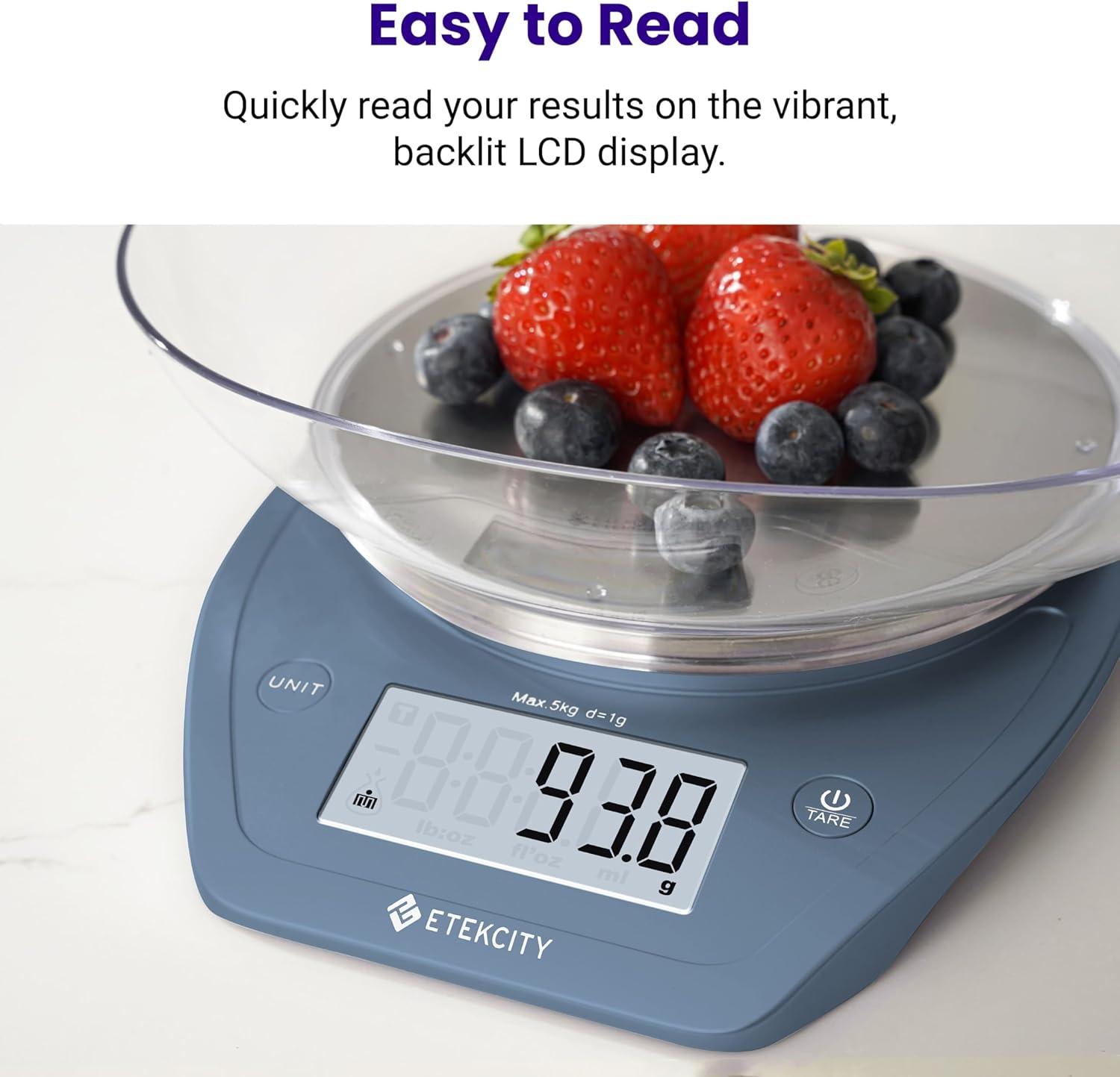 Etekcity Food Kitchen Scale With Bowl, Digital Ounces and Grams for Cooking, Baking, Meal Prep, Dieting, and Weight Loss, 11lb/5kg, Backlit Display(Prussian Blue)