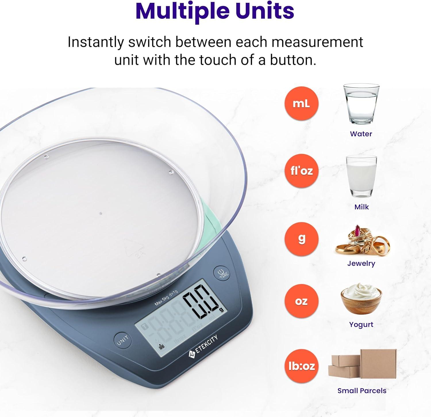 Etekcity Food Kitchen Scale With Bowl, Digital Ounces and Grams for Cooking, Baking, Meal Prep, Dieting, and Weight Loss, 11lb/5kg, Backlit Display(Prussian Blue)