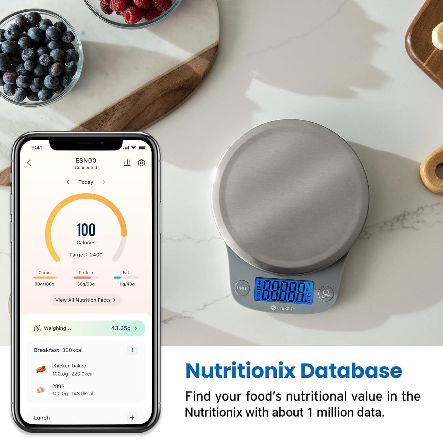 Etekcity Nutrition Smart Food Kitchen Scale, Digital Ounces and Grams for Cooking, Baking, Meal Prep, Dieting, and Weight Loss, 11 Pounds-Bluetooth, 304 Stainless Steel