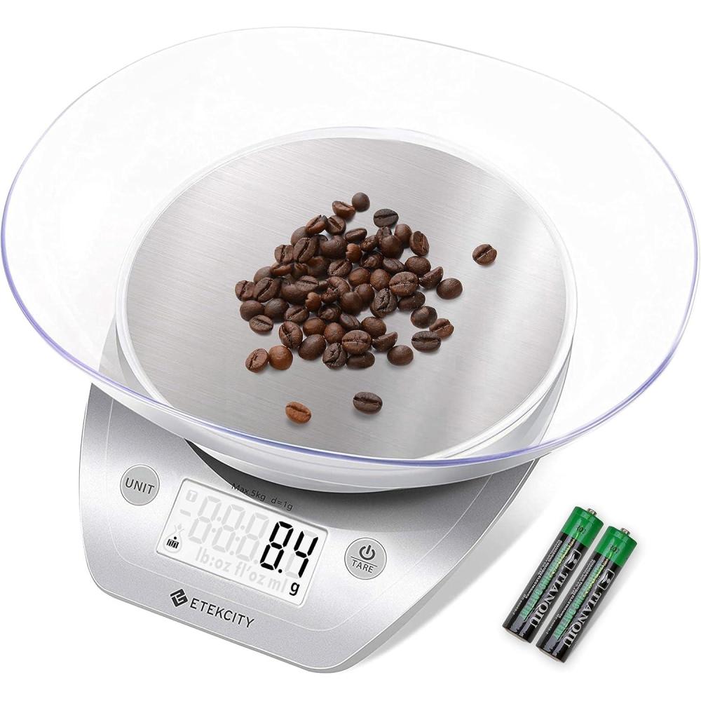 Etekcity 0.1g Food Kitchen Scale, Bowl, Digital Grams and Ounces for Weight Loss, Dieting, Baking, Cooking, and Meal Prep, 11lb/5kg, Stainless Steel Silver(Arctic Sliver)
