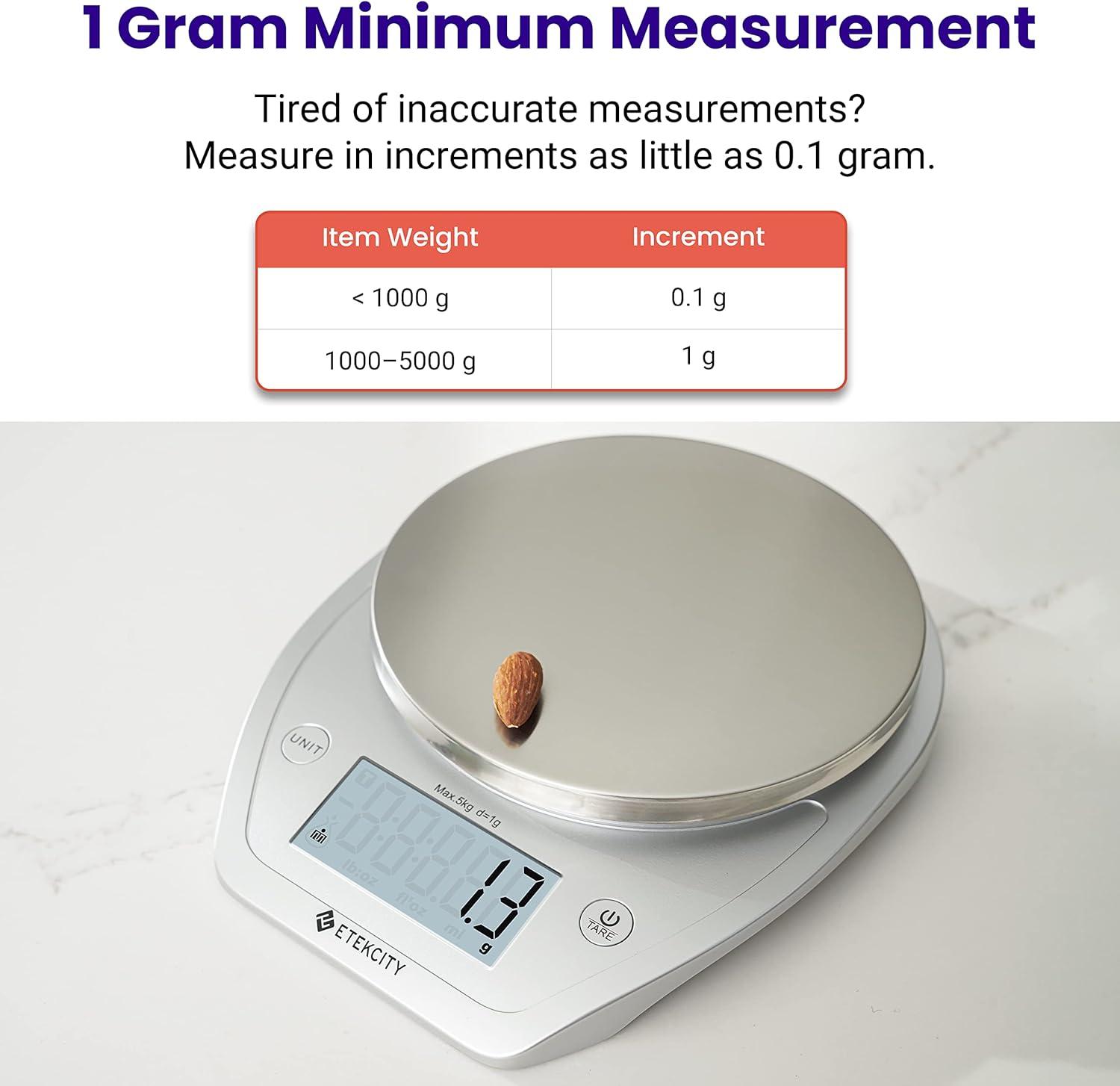 Etekcity 0.1g Food Kitchen Scale, Bowl, Digital Grams and Ounces for Weight Loss, Dieting, Baking, Cooking, and Meal Prep, 11lb/5kg, Stainless Steel Silver(Arctic Sliver)