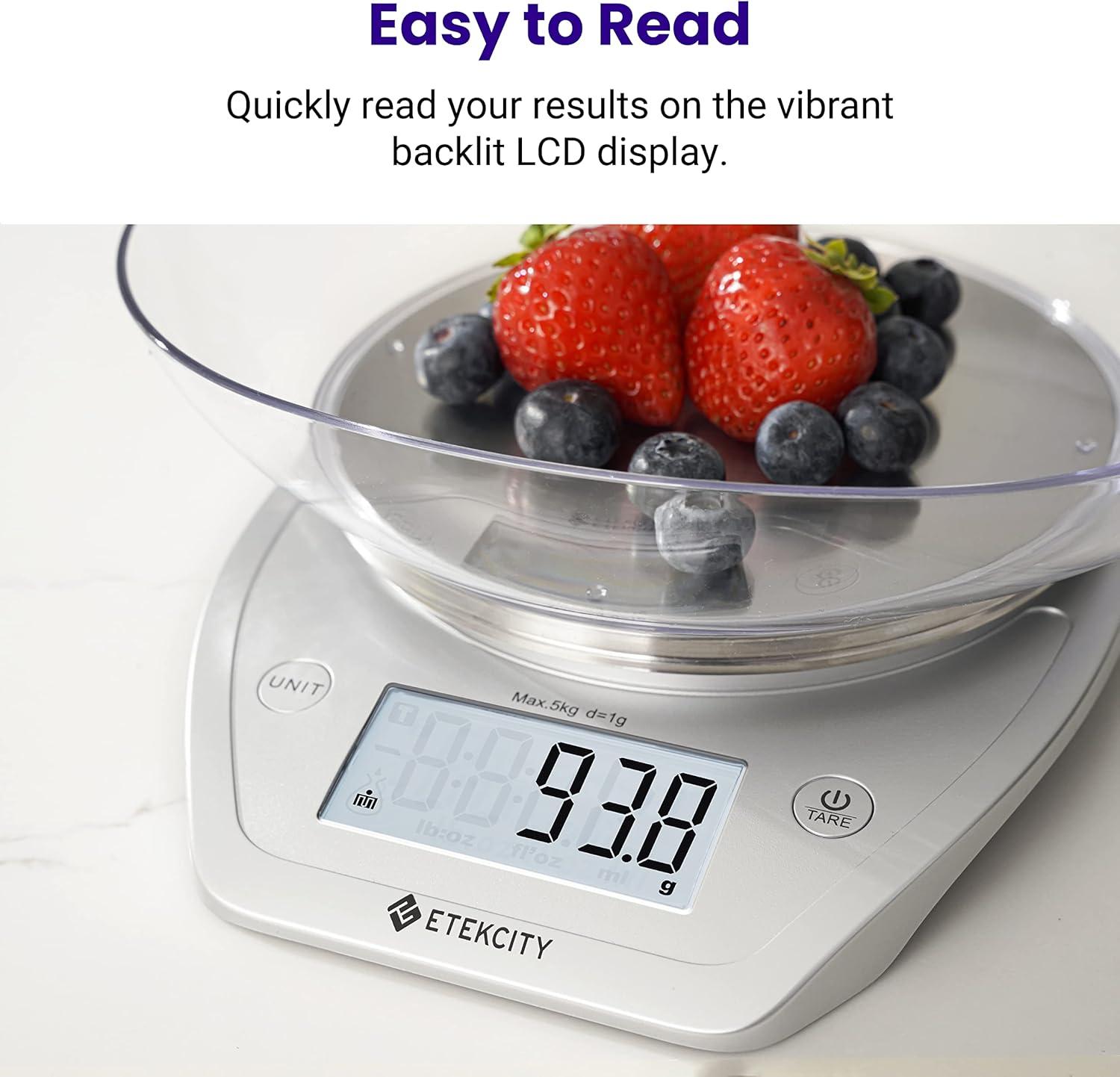 Etekcity 0.1g Food Kitchen Scale, Bowl, Digital Grams and Ounces for Weight Loss, Dieting, Baking, Cooking, and Meal Prep, 11lb/5kg, Stainless Steel Silver(Arctic Sliver)