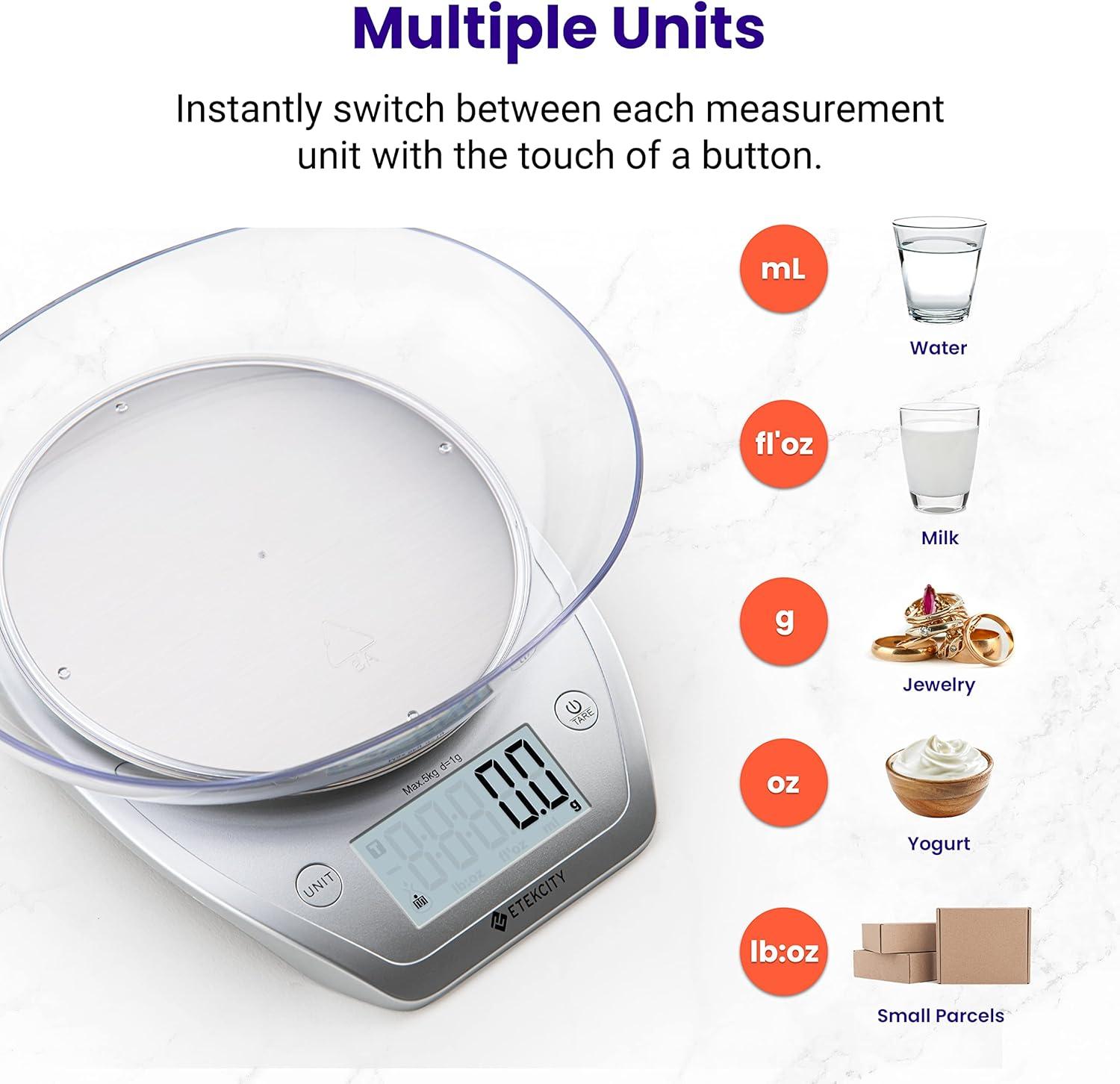 Etekcity 0.1g Food Kitchen Scale, Bowl, Digital Grams and Ounces for Weight Loss, Dieting, Baking, Cooking, and Meal Prep, 11lb/5kg, Stainless Steel Silver(Arctic Sliver)