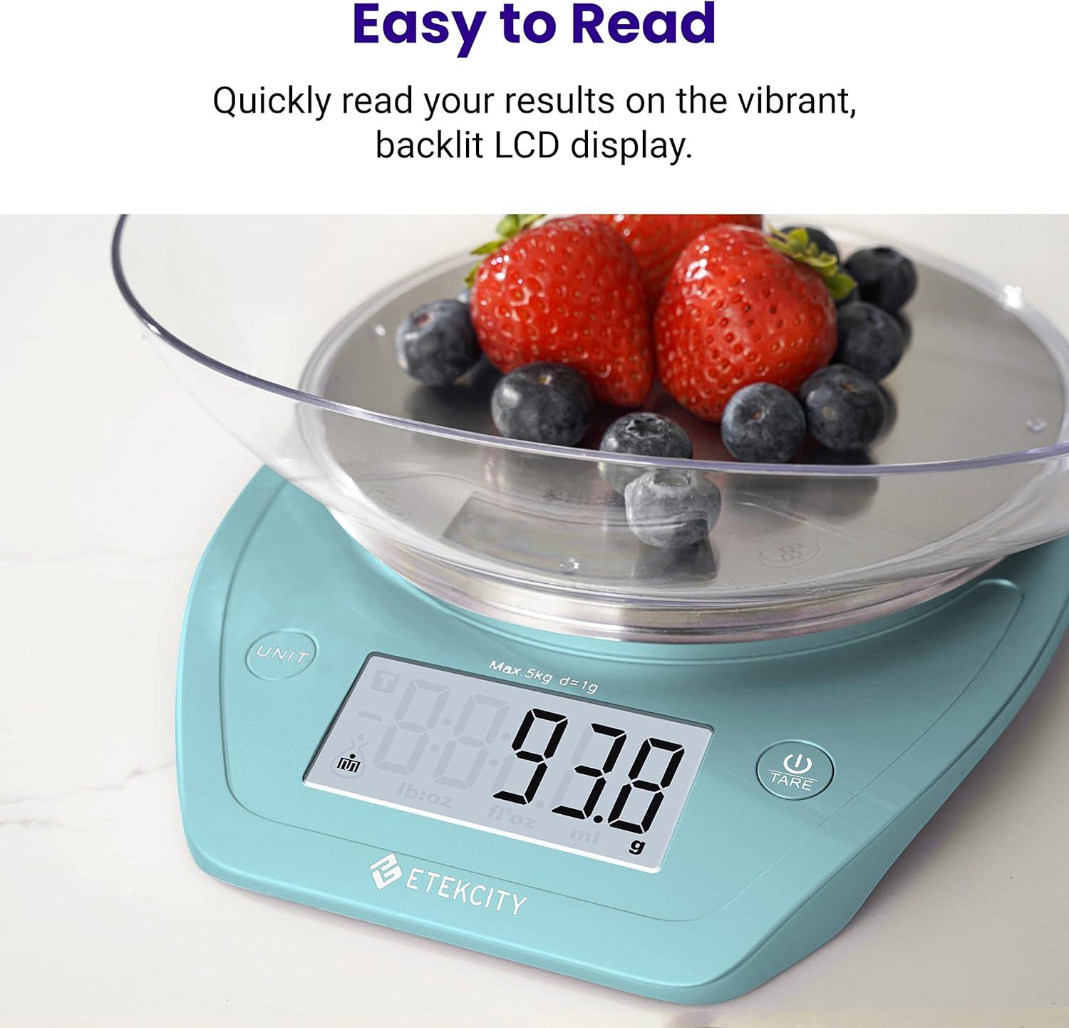 Etekcity Food Kitchen Scale With Bowl, Digital Ounces and Grams for Cooking, Baking, Meal Prep, Dieting, and Weight Loss, 11lb/5kg, Backlit Display(Bright Blue)