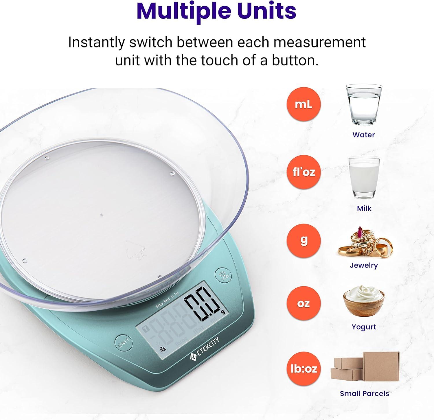 Etekcity Food Kitchen Scale With Bowl, Digital Ounces and Grams for Cooking, Baking, Meal Prep, Dieting, and Weight Loss, 11lb/5kg, Backlit Display(Bright Blue)