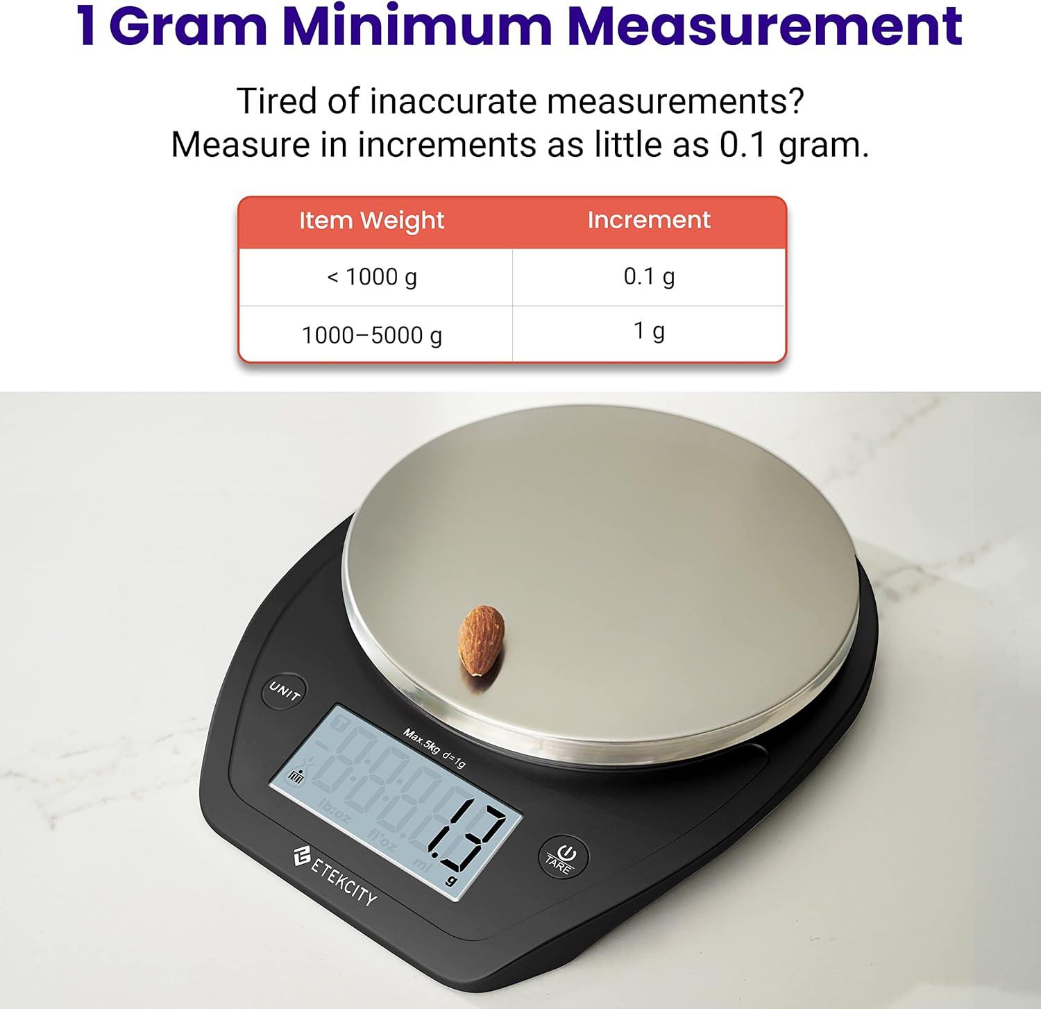 Etekcity Food Kitchen Scale With Bowl, Digital Ounces and Grams for Cooking, Baking, Meal Prep, Dieting, and Weight Loss, 11lb/5kg, Backlit Display(Dark Black)
