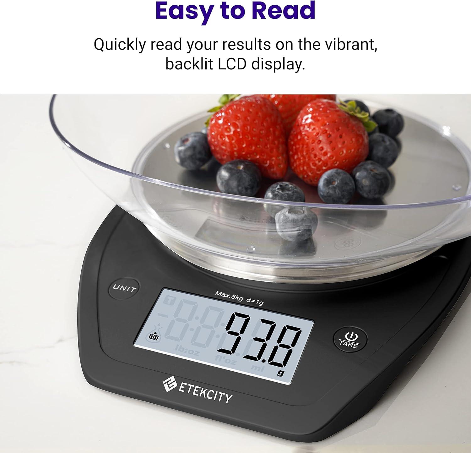 Etekcity Food Kitchen Scale With Bowl, Digital Ounces and Grams for Cooking, Baking, Meal Prep, Dieting, and Weight Loss, 11lb/5kg, Backlit Display(Dark Black)