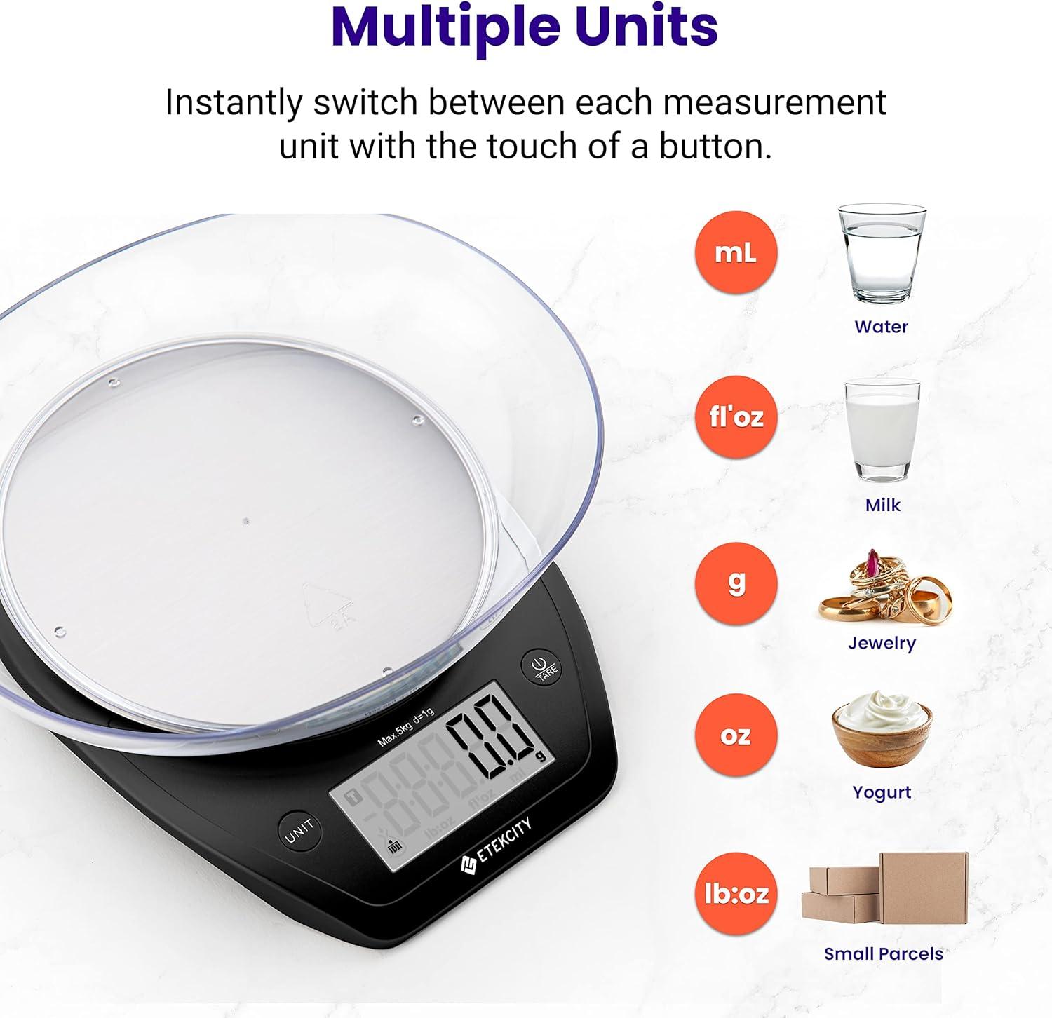 Etekcity Food Kitchen Scale With Bowl, Digital Ounces and Grams for Cooking, Baking, Meal Prep, Dieting, and Weight Loss, 11lb/5kg, Backlit Display(Dark Black)