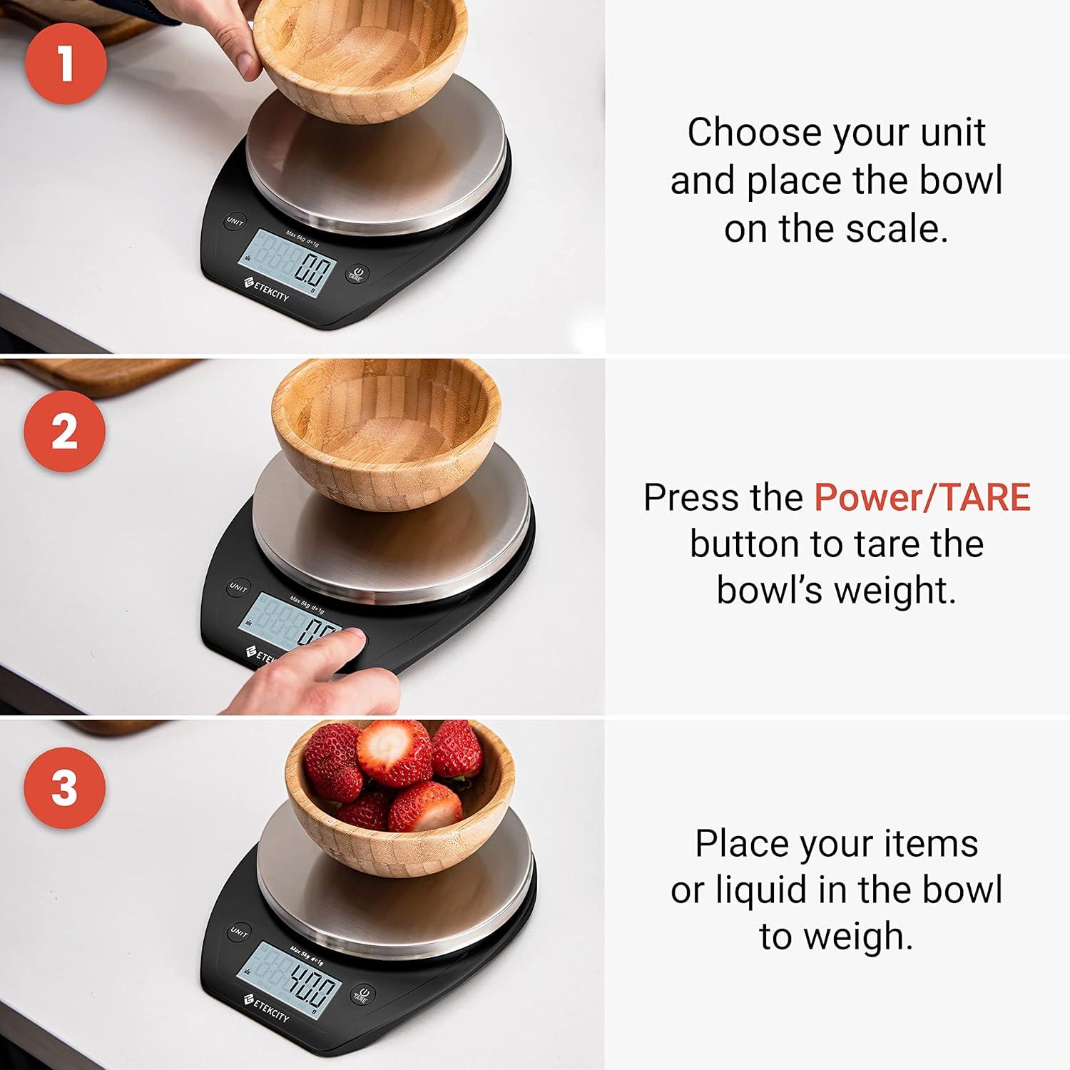 Etekcity Food Kitchen Scale With Bowl, Digital Ounces and Grams for Cooking, Baking, Meal Prep, Dieting, and Weight Loss, 11lb/5kg, Backlit Display(Dark Black)